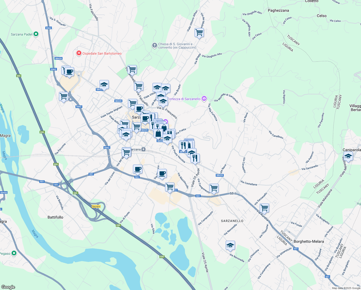 map of restaurants, bars, coffee shops, grocery stores, and more near 10 Via Privata Massa Neri in Sarzana