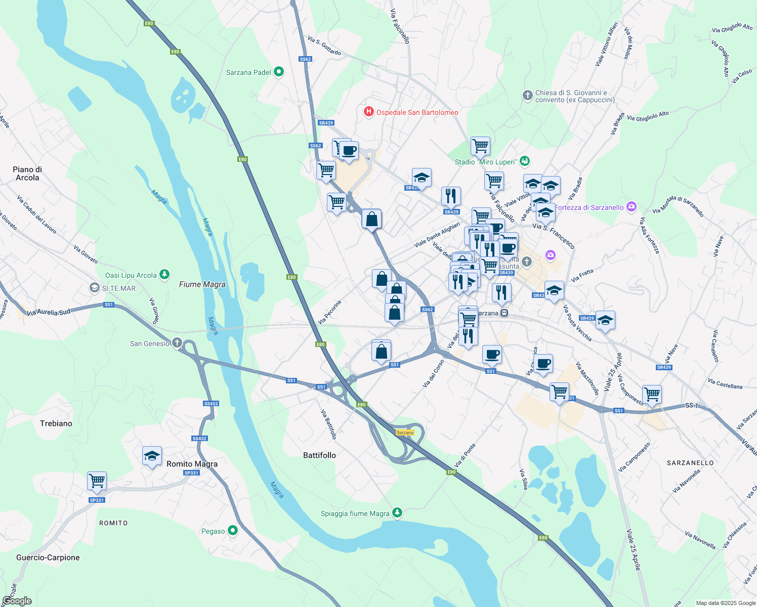 map of restaurants, bars, coffee shops, grocery stores, and more near 30 Via Ronzano in Sarzana