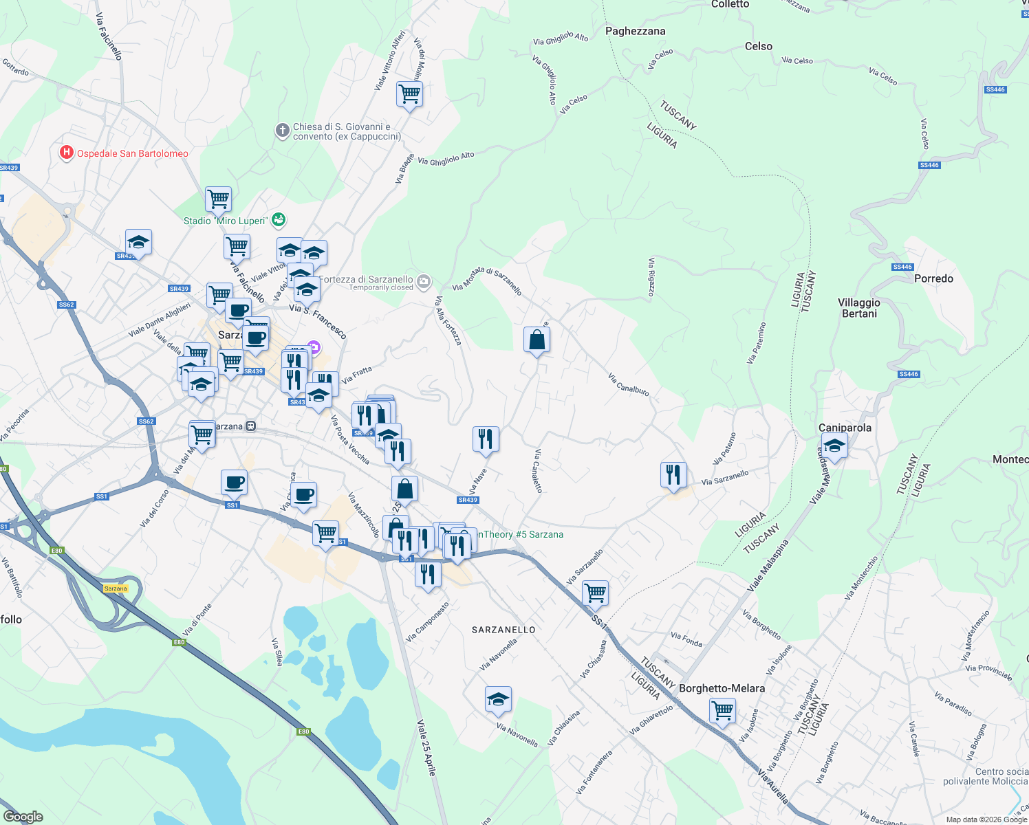 map of restaurants, bars, coffee shops, grocery stores, and more near 16 Via Nave in Sarzana