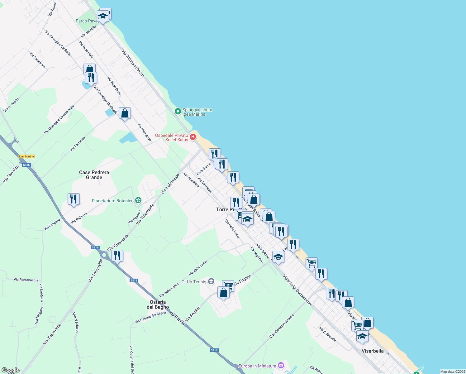 map of restaurants, bars, coffee shops, grocery stores, and more near 1 Viale Kassala in Rimini