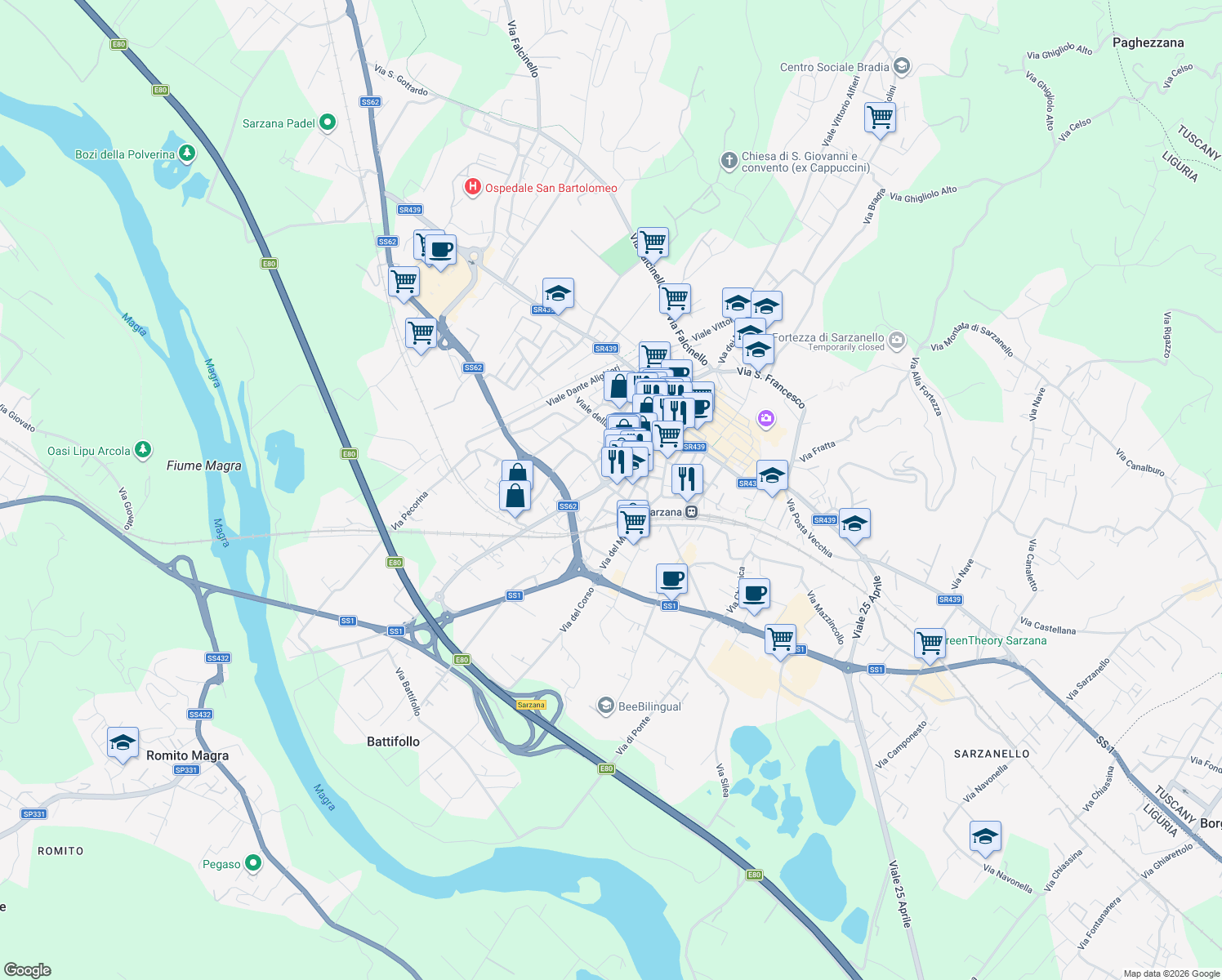 map of restaurants, bars, coffee shops, grocery stores, and more near 81 Via Brigate Partigiane Ugo Muccini in Sarzana