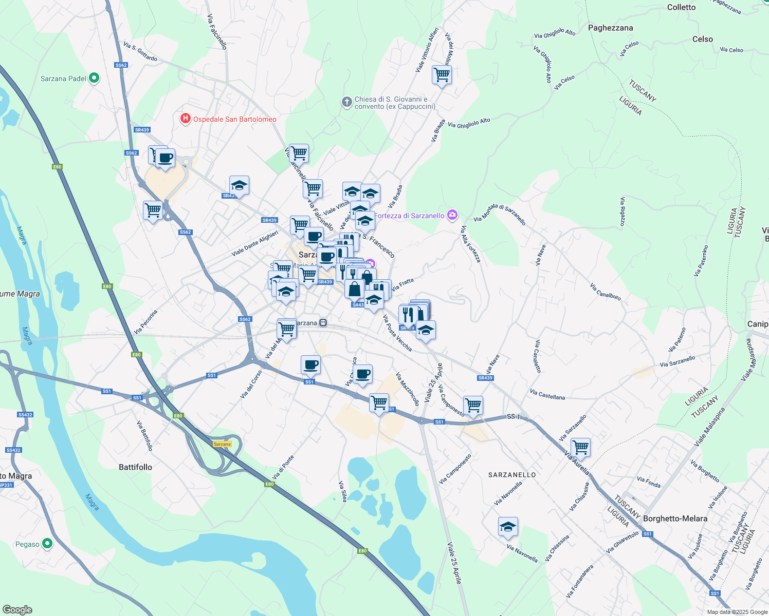 map of restaurants, bars, coffee shops, grocery stores, and more near 10 Via Privata Massa Neri in Sarzana