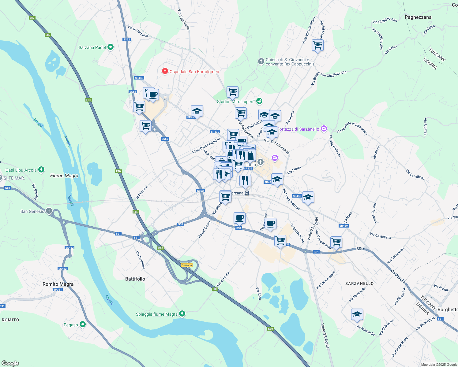 map of restaurants, bars, coffee shops, grocery stores, and more near Via Picedi in Sarzana