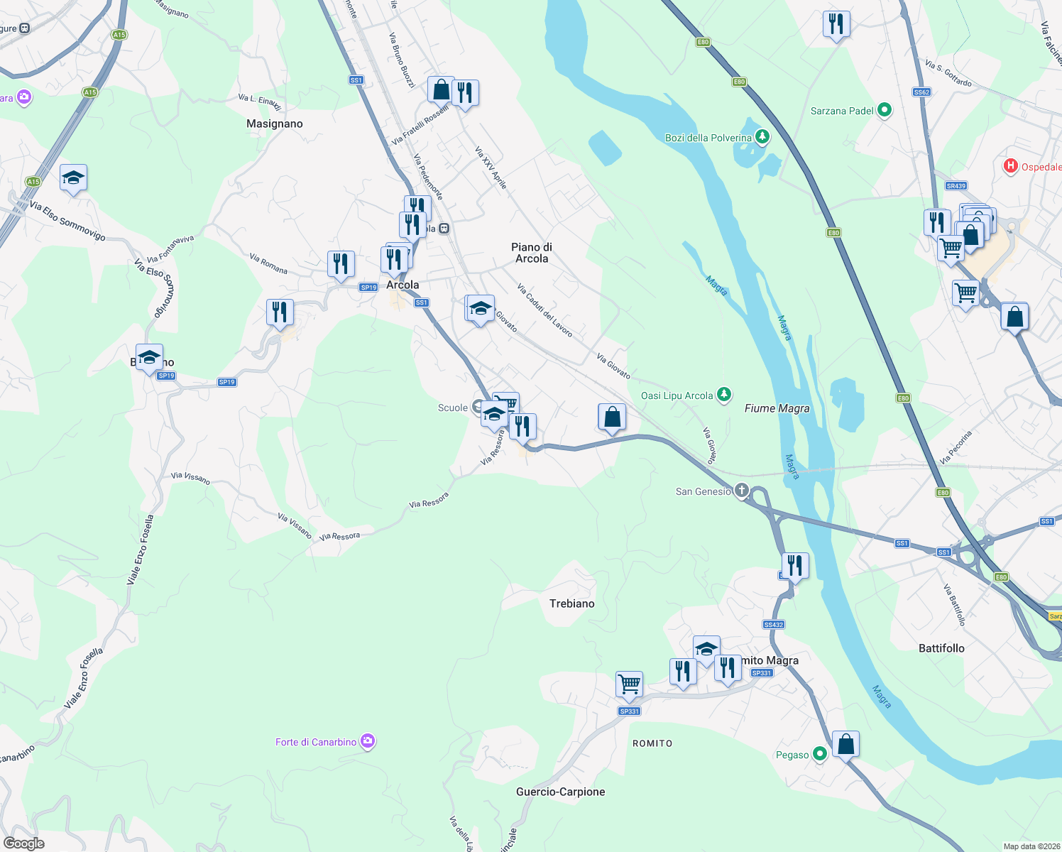 map of restaurants, bars, coffee shops, grocery stores, and more near 11 Via Porcareda in Arcola