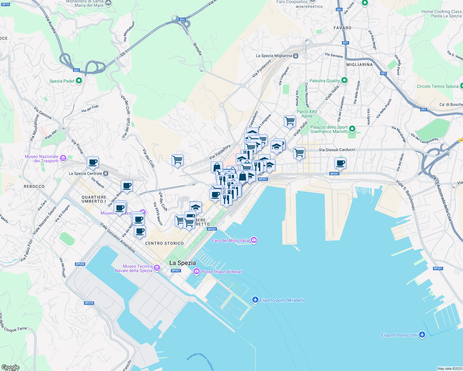 map of restaurants, bars, coffee shops, grocery stores, and more near 126 Via Vittorio Veneto in La Spezia
