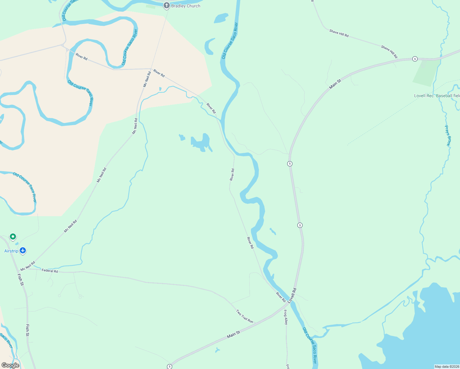 map of restaurants, bars, coffee shops, grocery stores, and more near River Road in Fryeburg