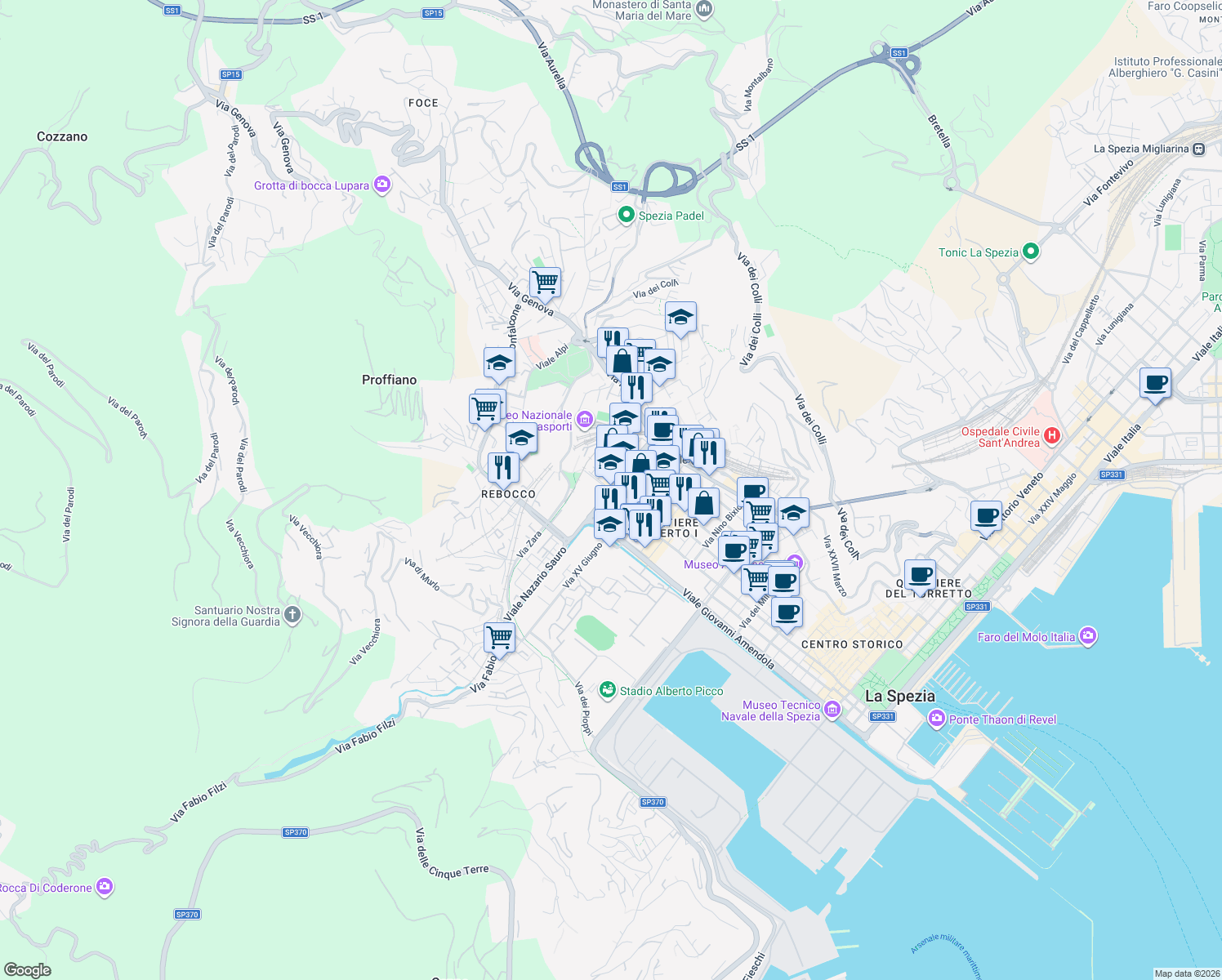 map of restaurants, bars, coffee shops, grocery stores, and more near Via Ventunesimo Reggimento Fanteria in La Spezia