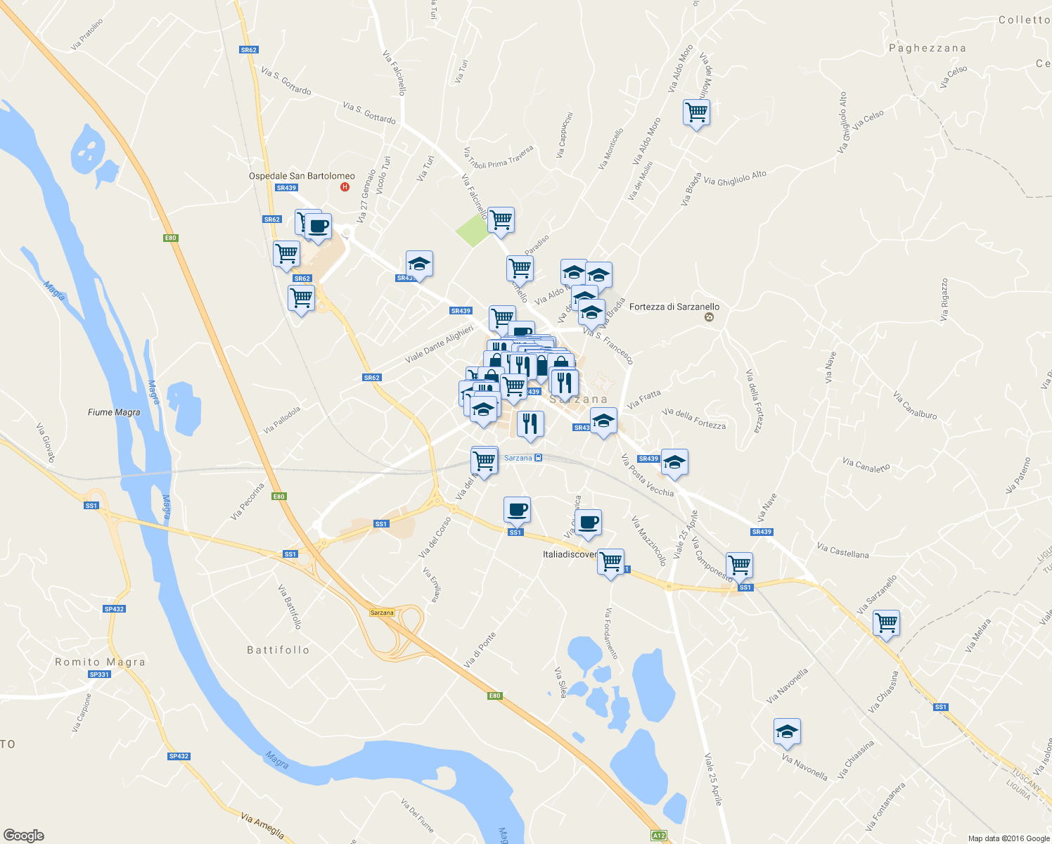 map of restaurants, bars, coffee shops, grocery stores, and more near 16 Via Nilo Garbusi Partigiano Med. d'Argento 1922 - 1944 in Sarzana