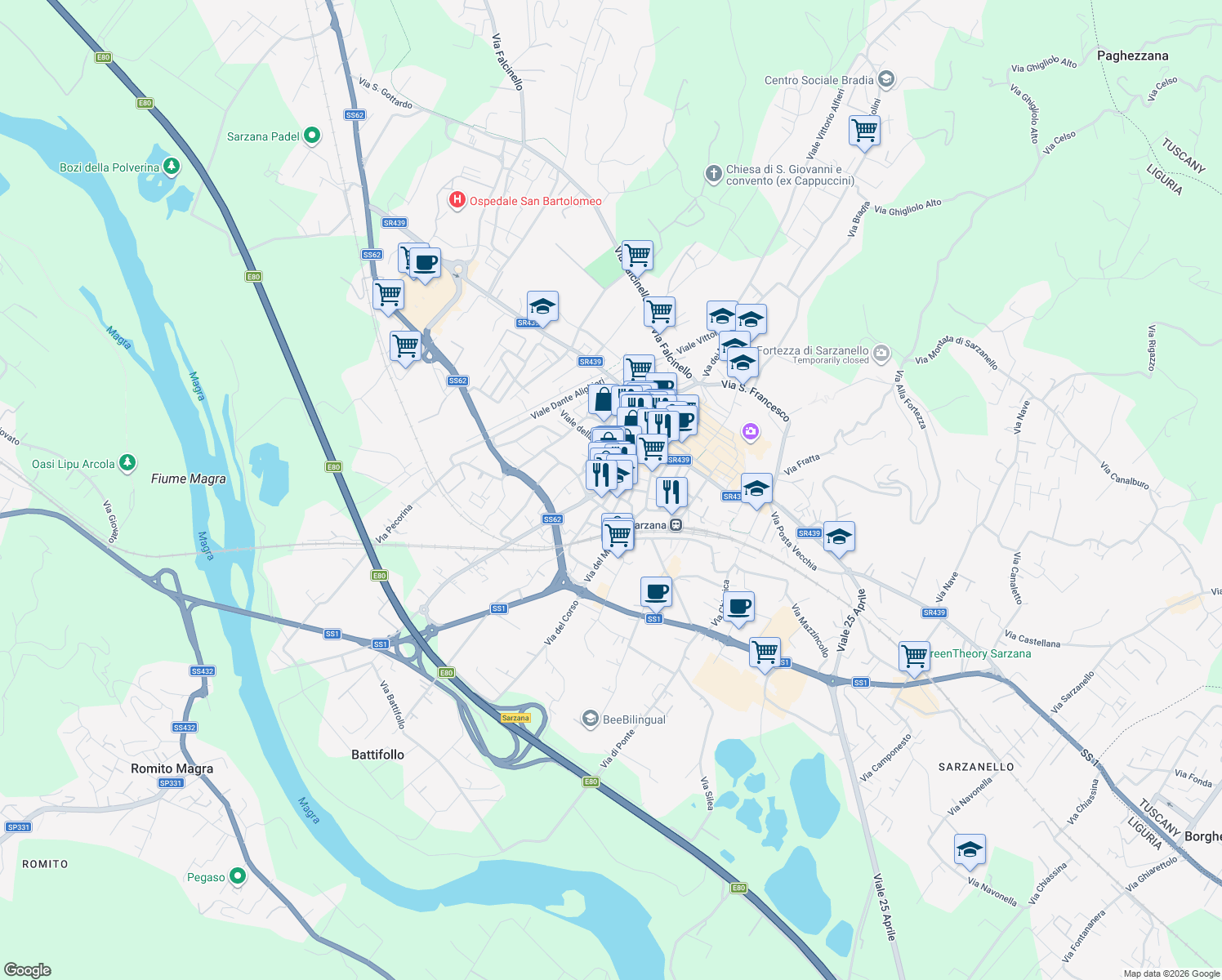 map of restaurants, bars, coffee shops, grocery stores, and more near 37 Via Brigata Partigiana Ugo Muccini in Sarzana