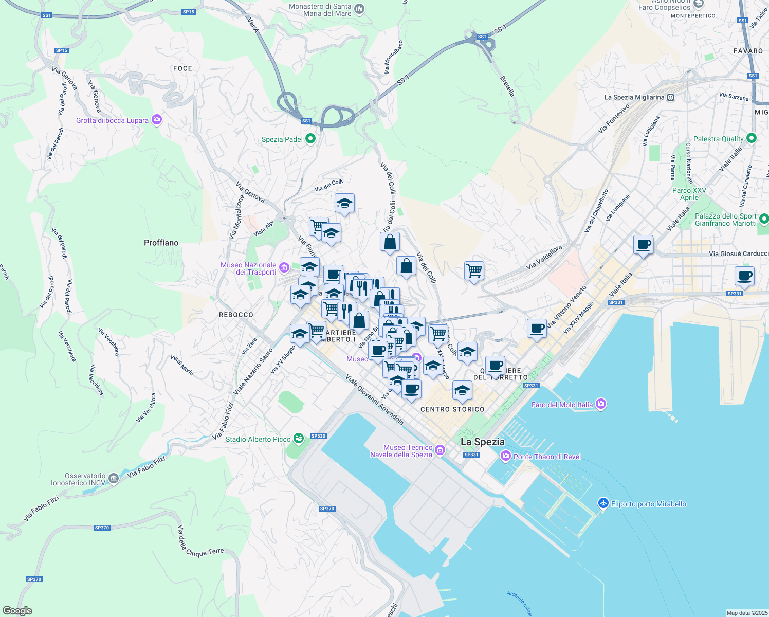 map of restaurants, bars, coffee shops, grocery stores, and more near 10 Via Pietro Paleocapa in La Spezia