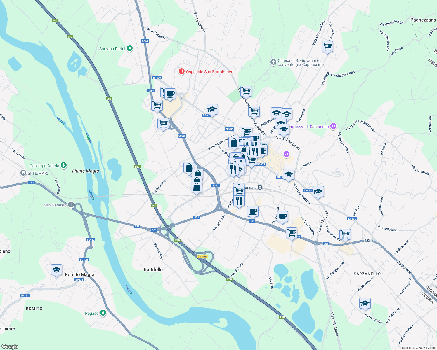 map of restaurants, bars, coffee shops, grocery stores, and more near 6 Via 8 Marzo in Sarzana