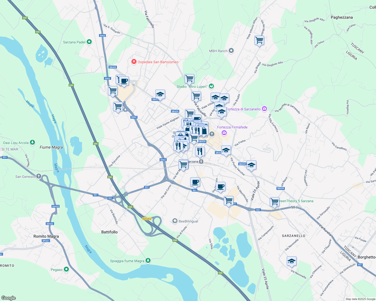 map of restaurants, bars, coffee shops, grocery stores, and more near Via Picedi in Sarzana