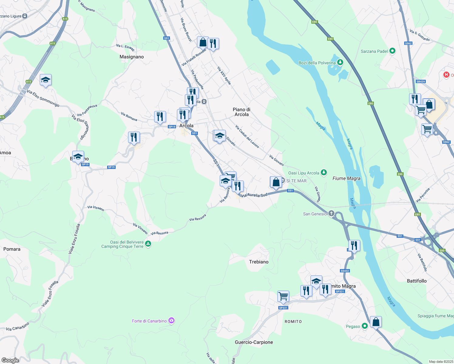 map of restaurants, bars, coffee shops, grocery stores, and more near 121-123 Via Aurelia Sud in Arcola
