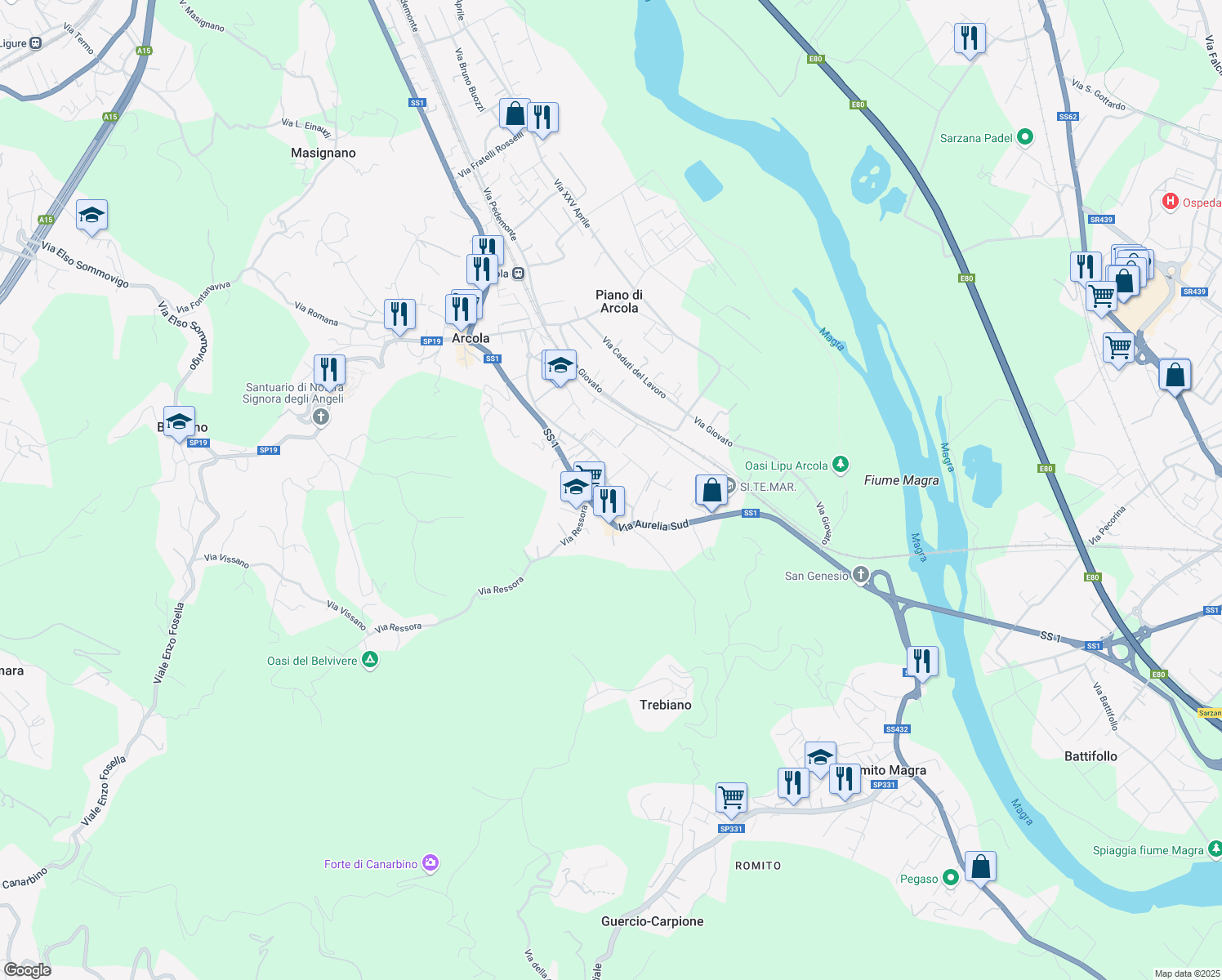 map of restaurants, bars, coffee shops, grocery stores, and more near 11 Via Porcareda in Arcola