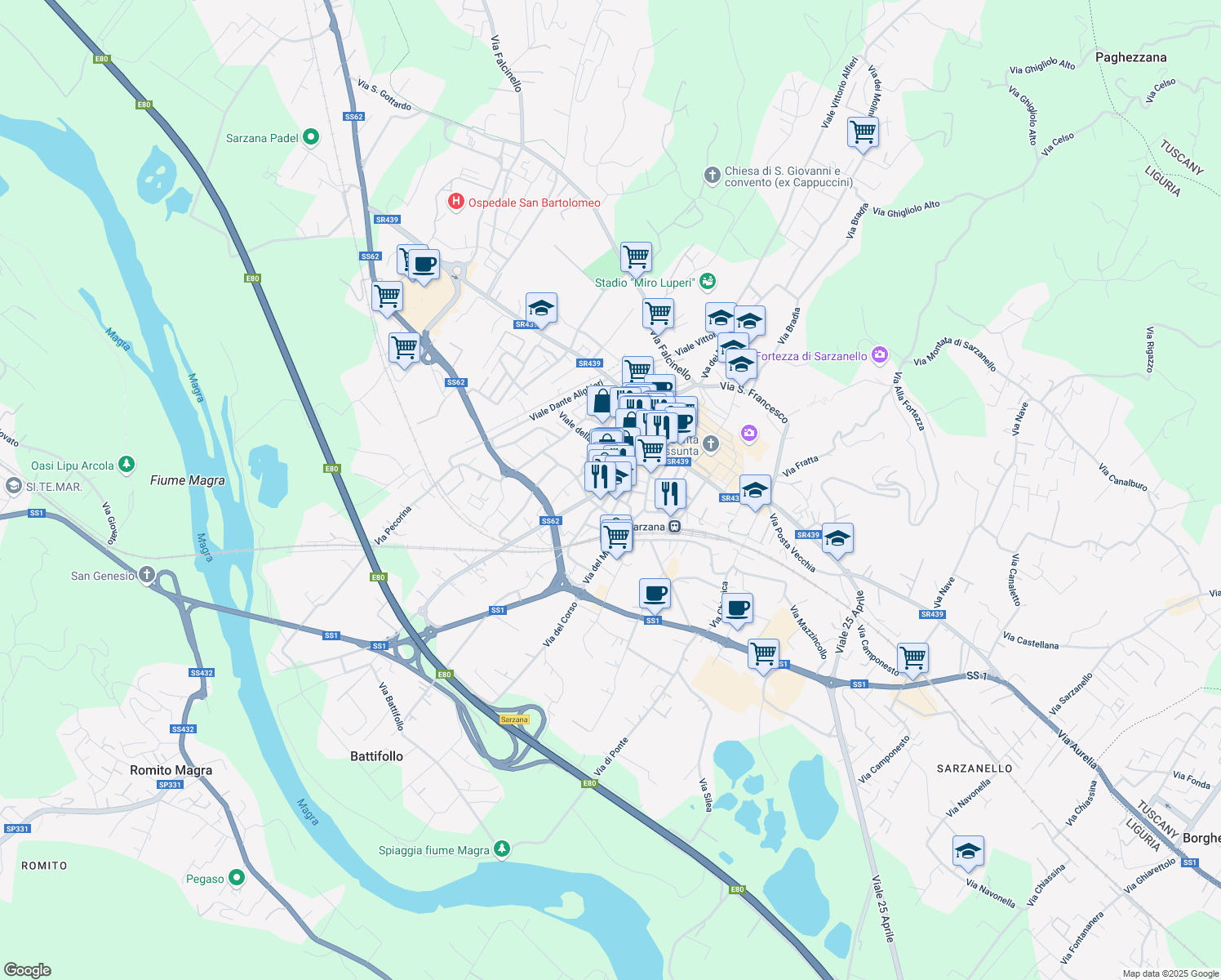 map of restaurants, bars, coffee shops, grocery stores, and more near 37 Via Brigata Partigiana Ugo Muccini in Sarzana