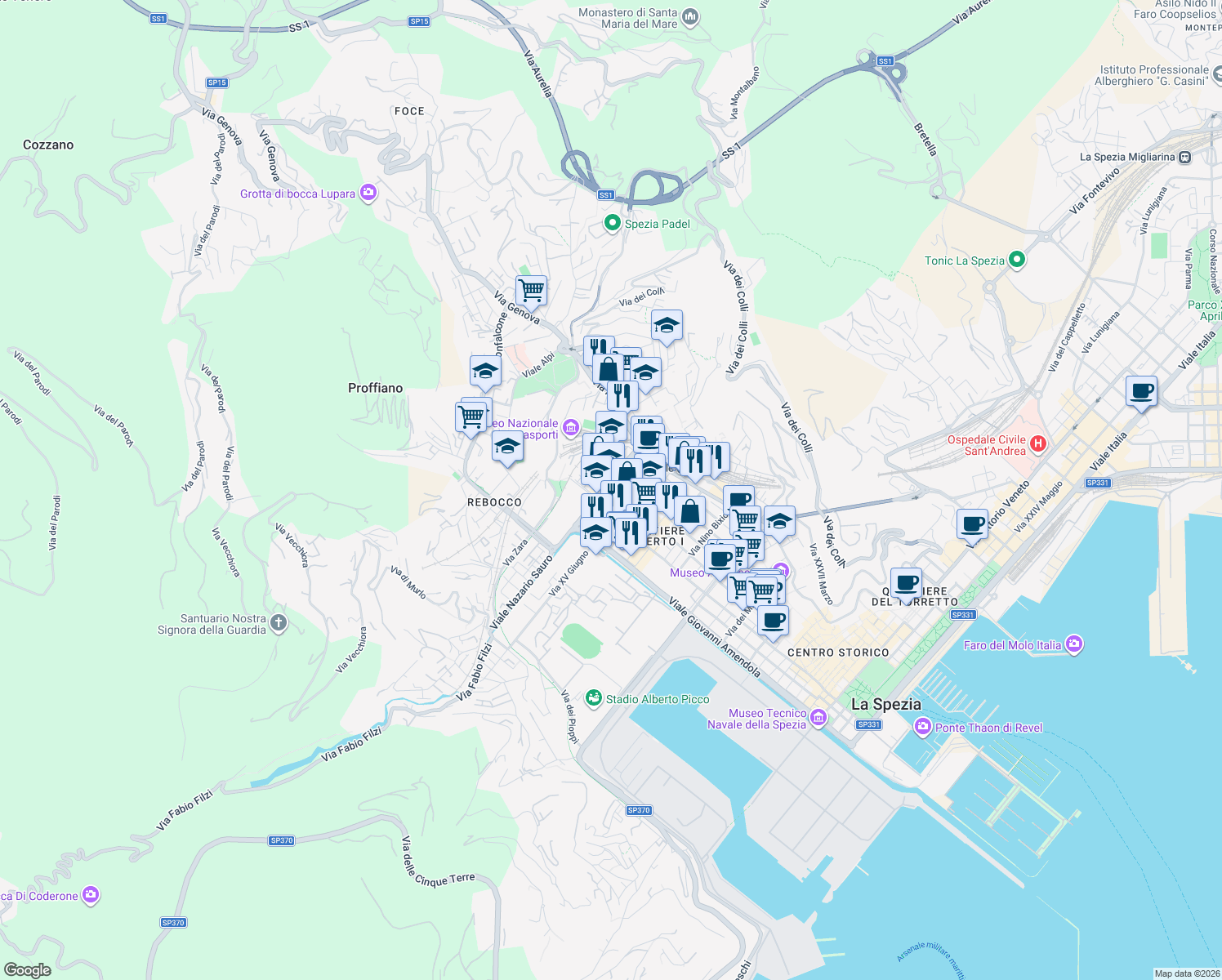 map of restaurants, bars, coffee shops, grocery stores, and more near 61 Viale Aldo Ferrari in La Spezia