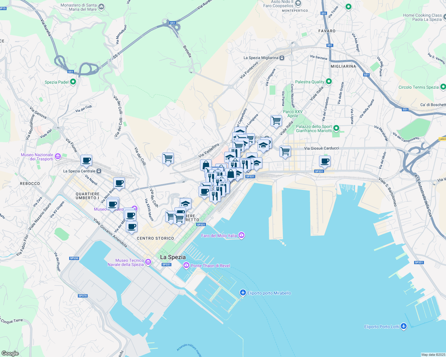 map of restaurants, bars, coffee shops, grocery stores, and more near 126 Via Vittorio Veneto in La Spezia