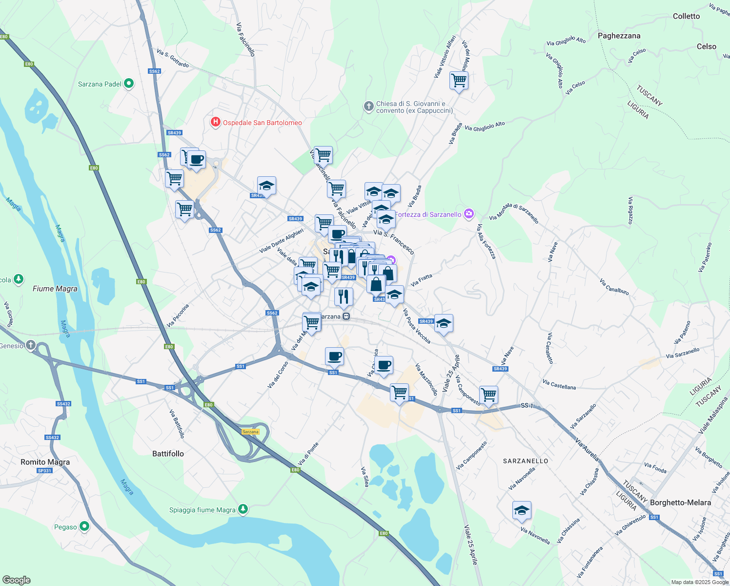 map of restaurants, bars, coffee shops, grocery stores, and more near Viale XXI Luglio in Sarzana