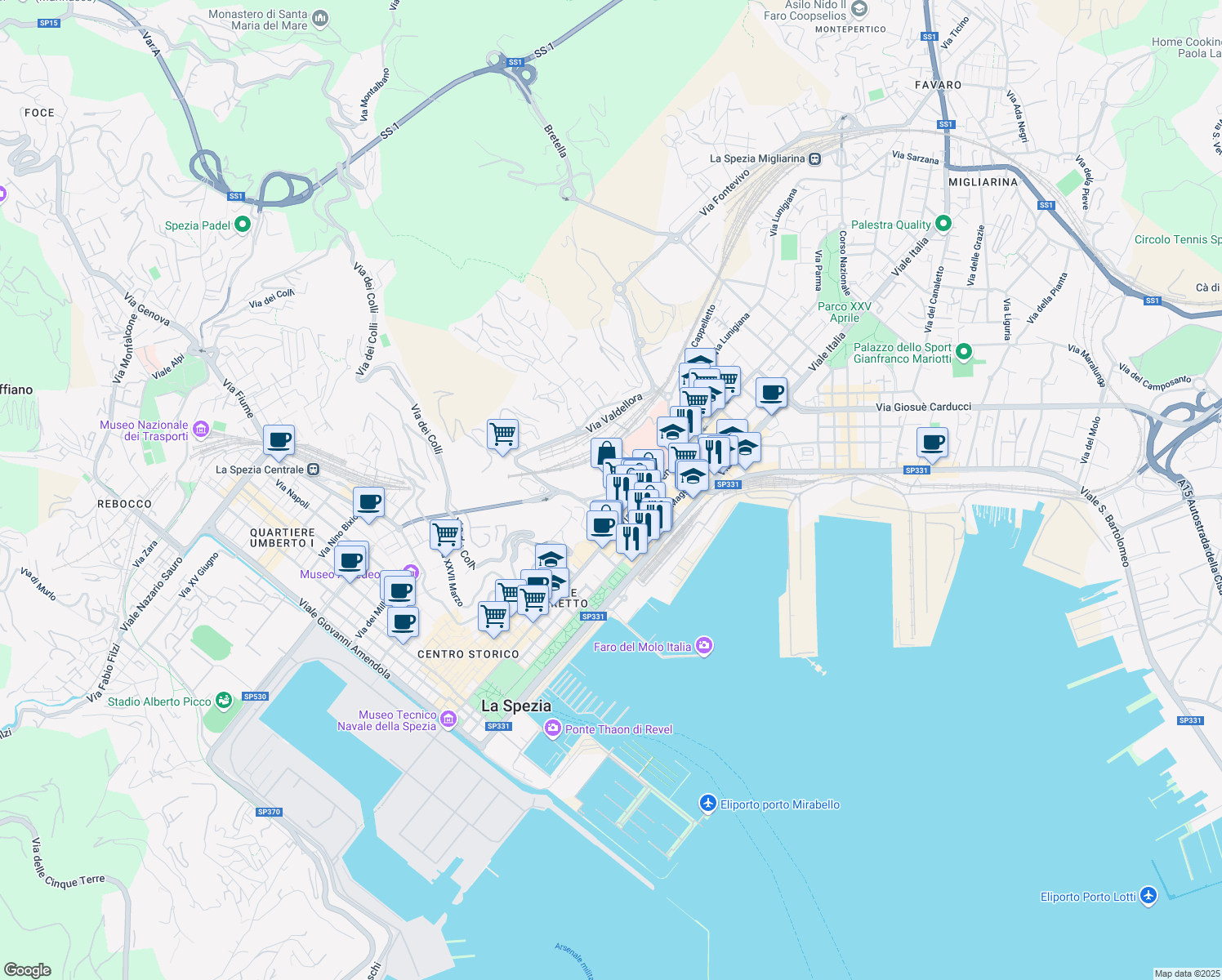 map of restaurants, bars, coffee shops, grocery stores, and more near 2 Via Redipuglia in La Spezia