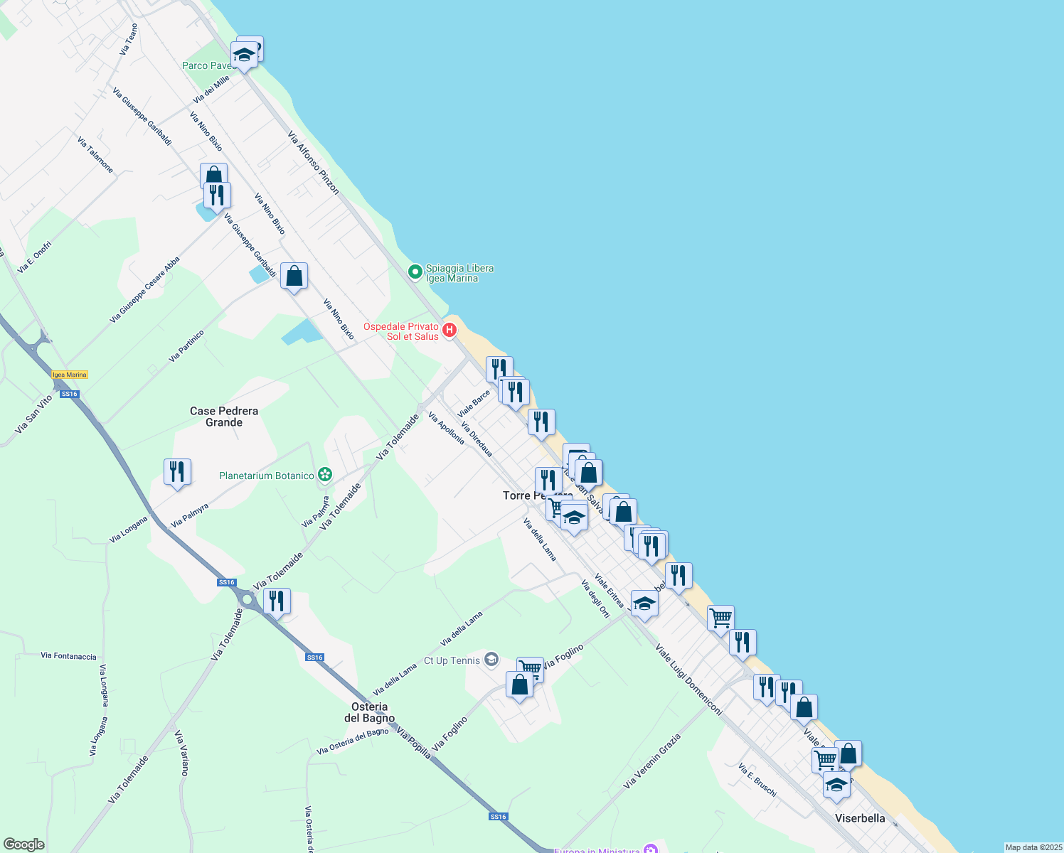 map of restaurants, bars, coffee shops, grocery stores, and more near 1 Viale Kassala in Rimini