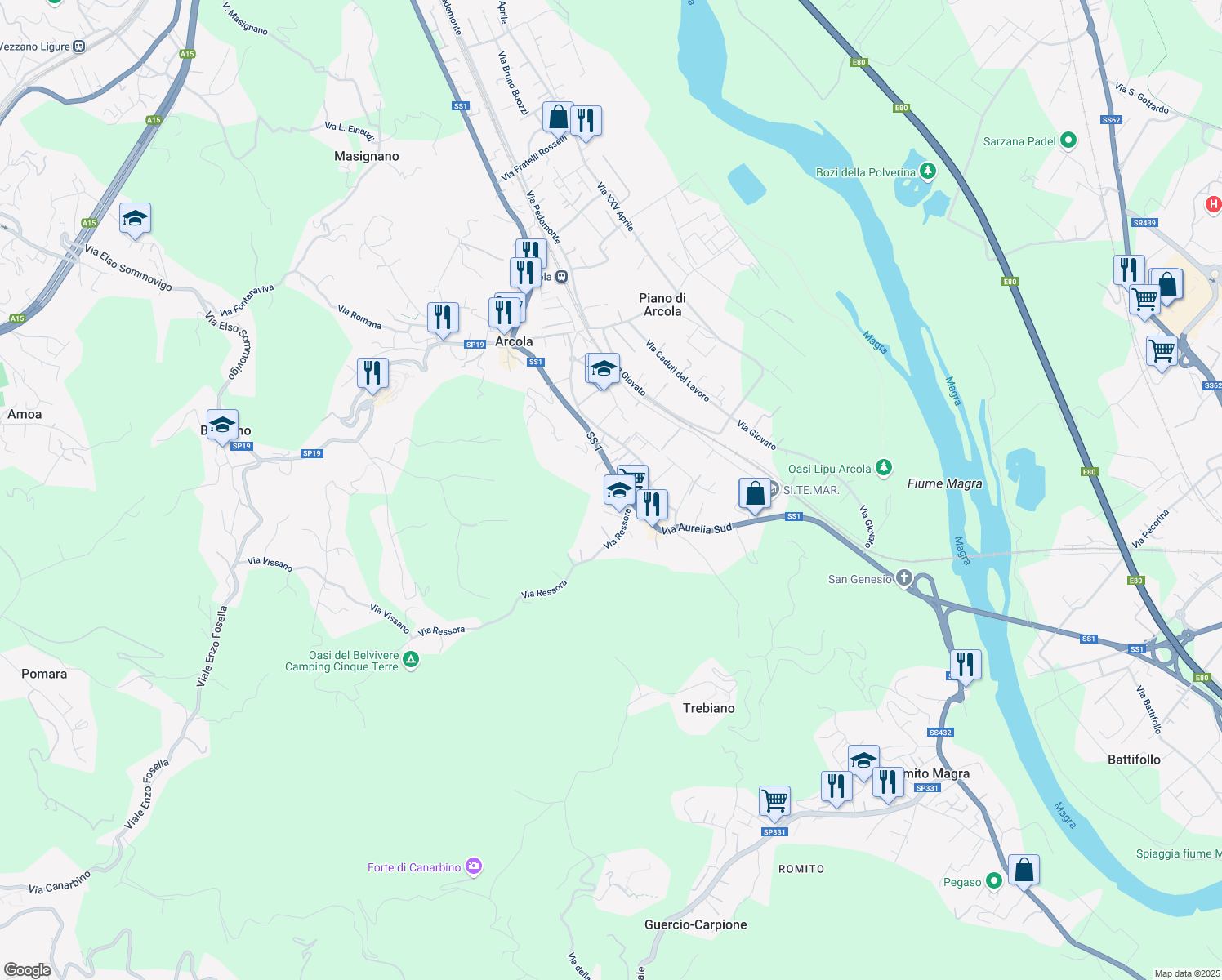 map of restaurants, bars, coffee shops, grocery stores, and more near 123 Via Aurelia Sud in Arcola