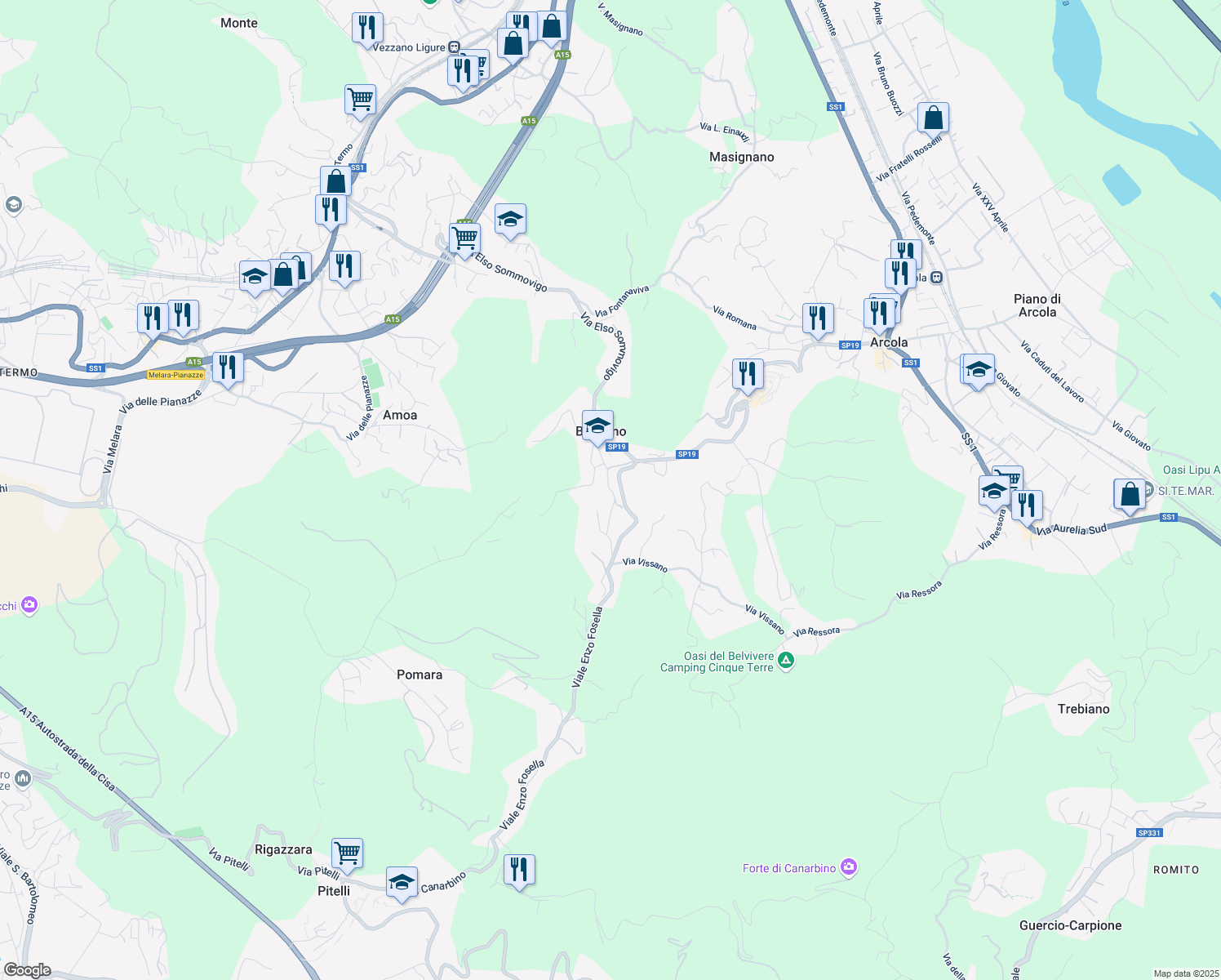 map of restaurants, bars, coffee shops, grocery stores, and more near 8 Via Pitelli in Arcola