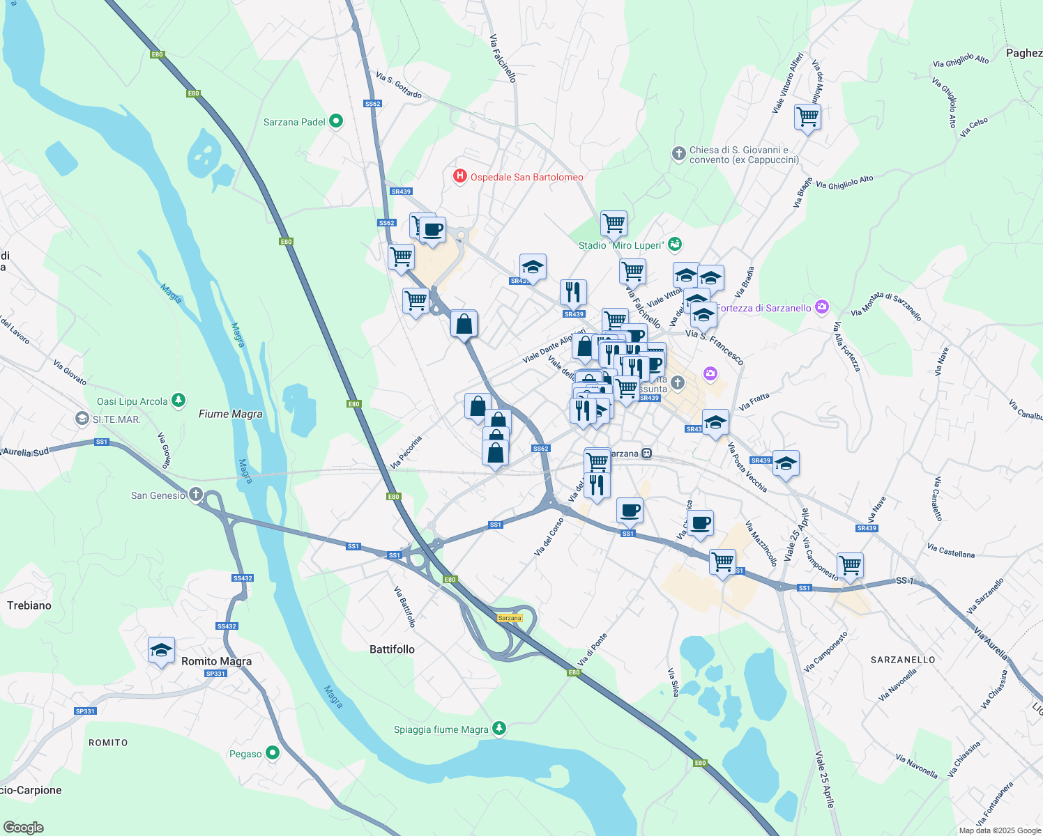map of restaurants, bars, coffee shops, grocery stores, and more near 31 Via Variante Cisa in Sarzana