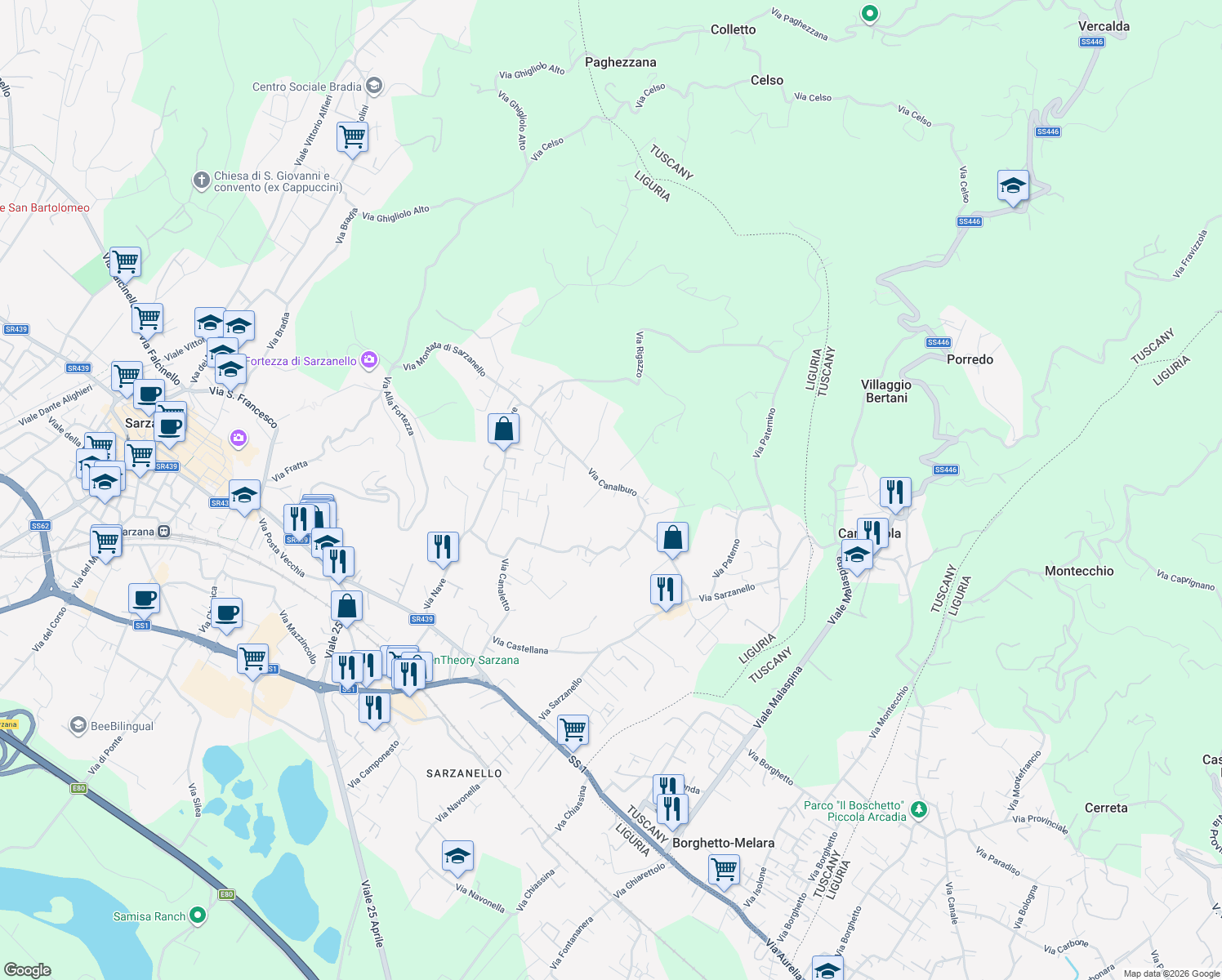 map of restaurants, bars, coffee shops, grocery stores, and more near 49 Via Canalburo in Sarzana
