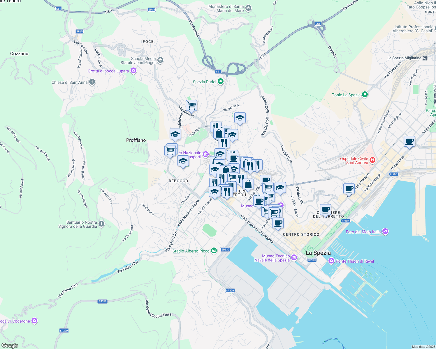 map of restaurants, bars, coffee shops, grocery stores, and more near 61 Viale Aldo Ferrari in La Spezia
