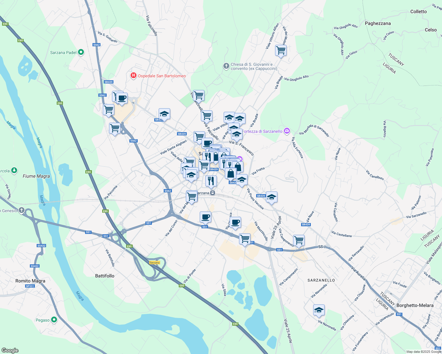 map of restaurants, bars, coffee shops, grocery stores, and more near Viale XXI Luglio in Sarzana