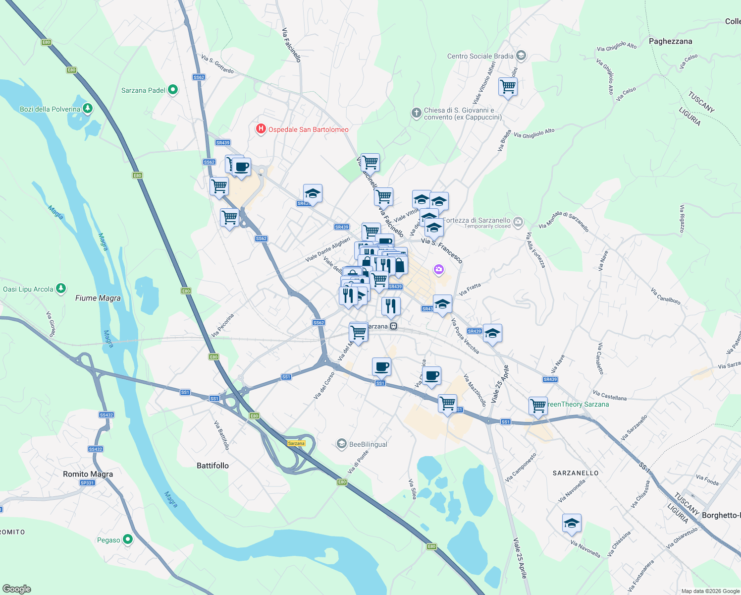 map of restaurants, bars, coffee shops, grocery stores, and more near Via Picedi in Sarzana