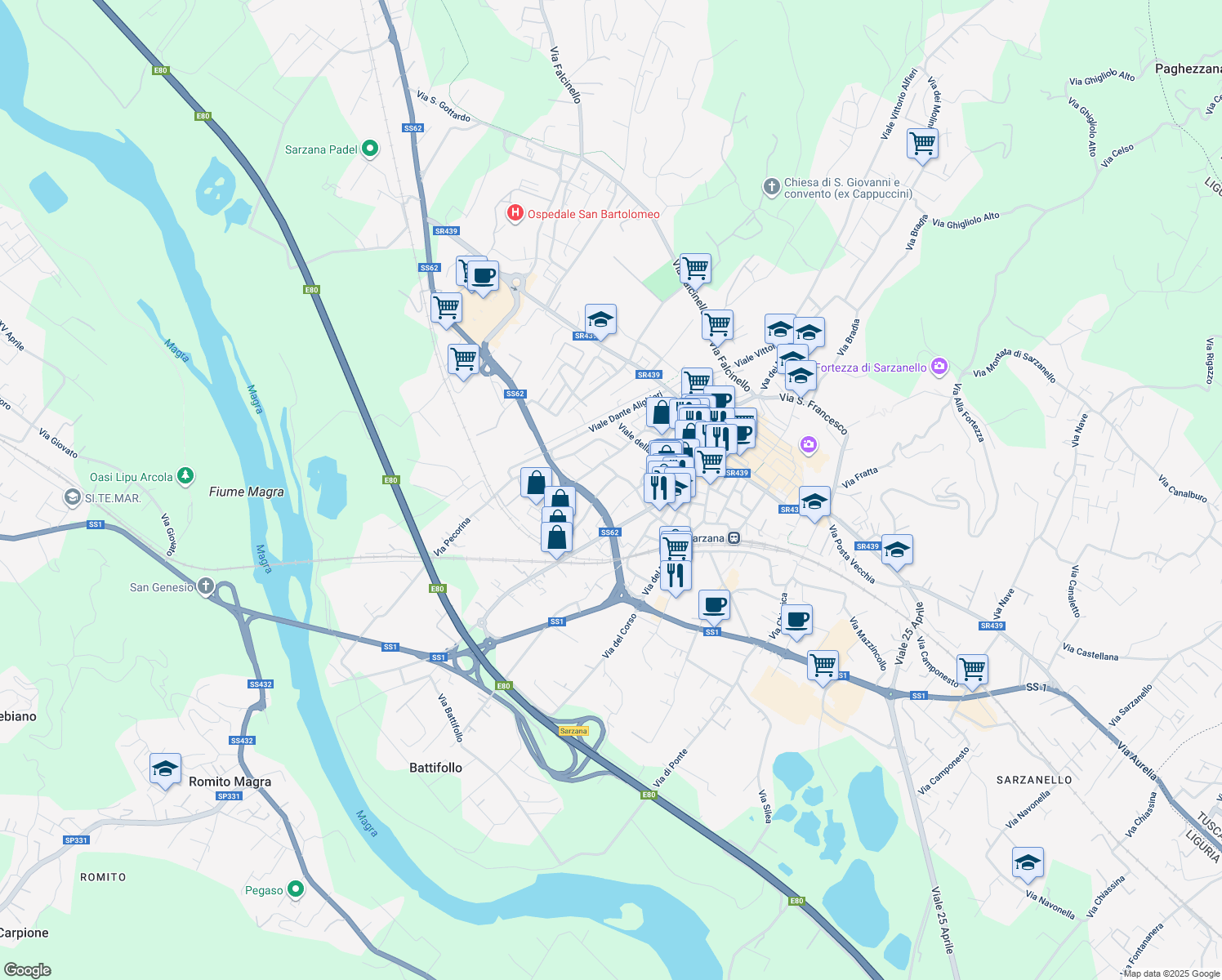 map of restaurants, bars, coffee shops, grocery stores, and more near 6 Via 8 Marzo in Sarzana