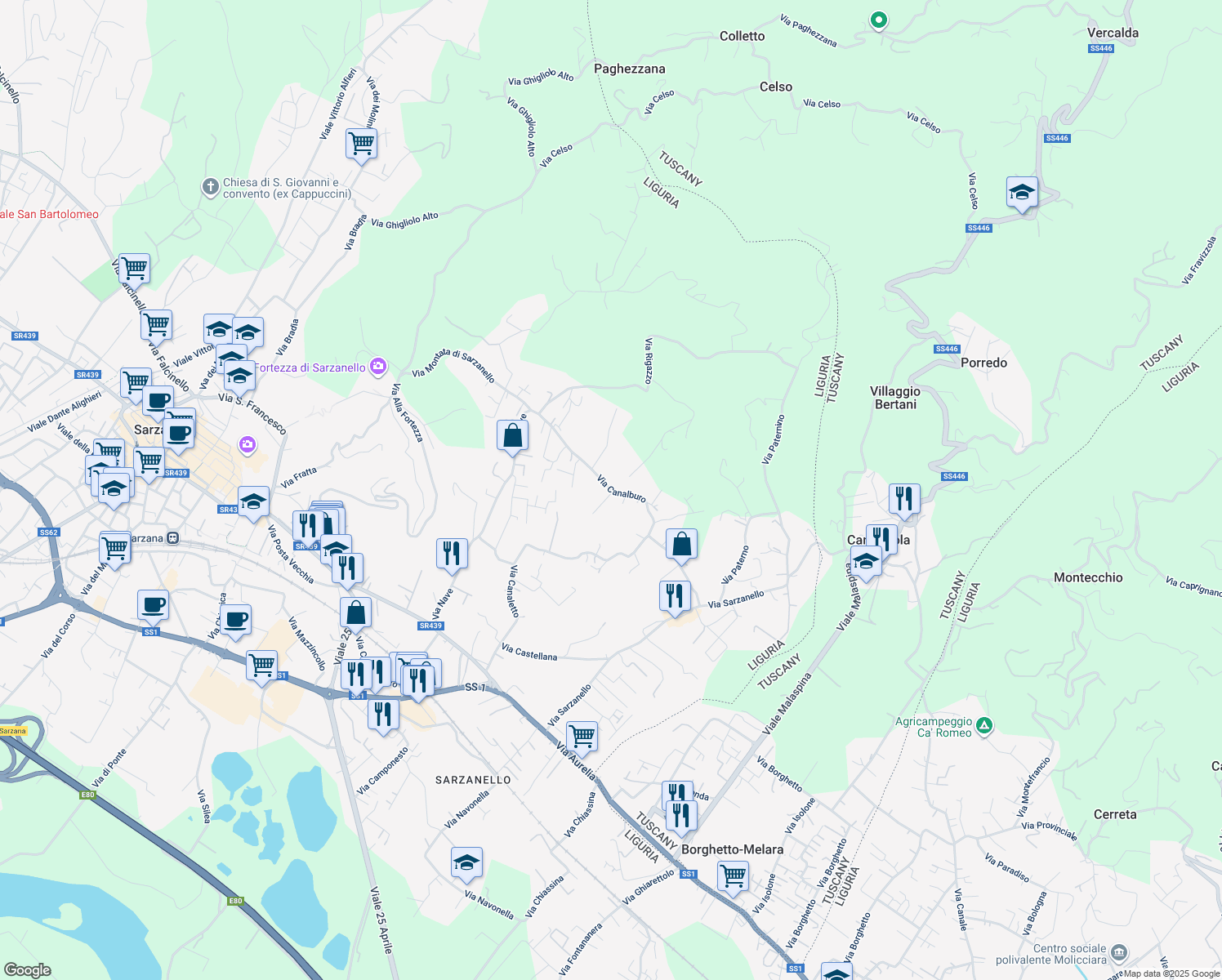 map of restaurants, bars, coffee shops, grocery stores, and more near 49 Via Canalburo in Sarzana