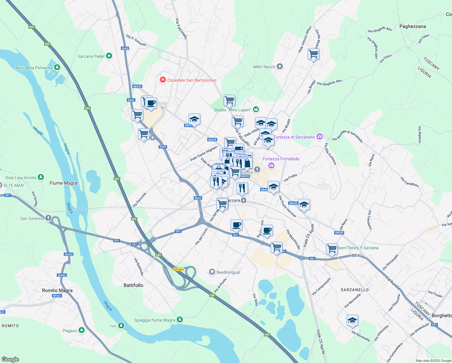 map of restaurants, bars, coffee shops, grocery stores, and more near Via Giuseppe Picedi Benettini in Sarzana
