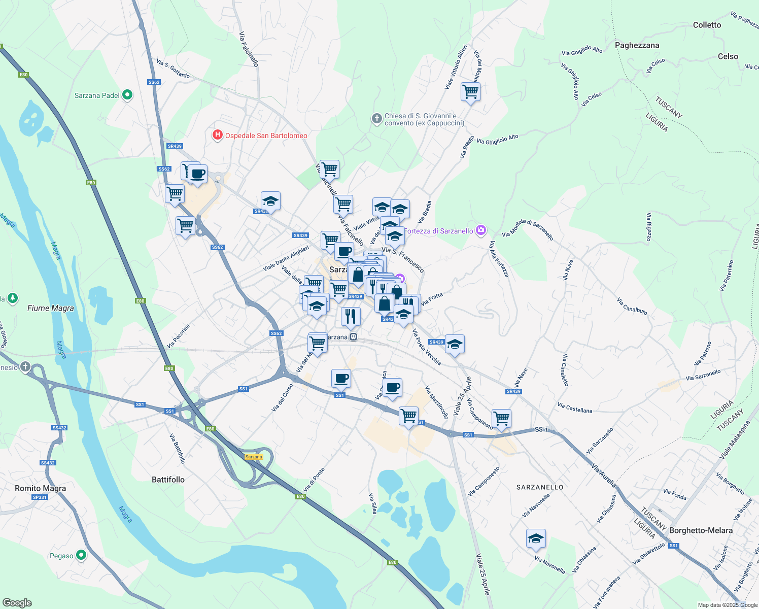 map of restaurants, bars, coffee shops, grocery stores, and more near 10 Via Sotto Gli Uffizi in Sarzana