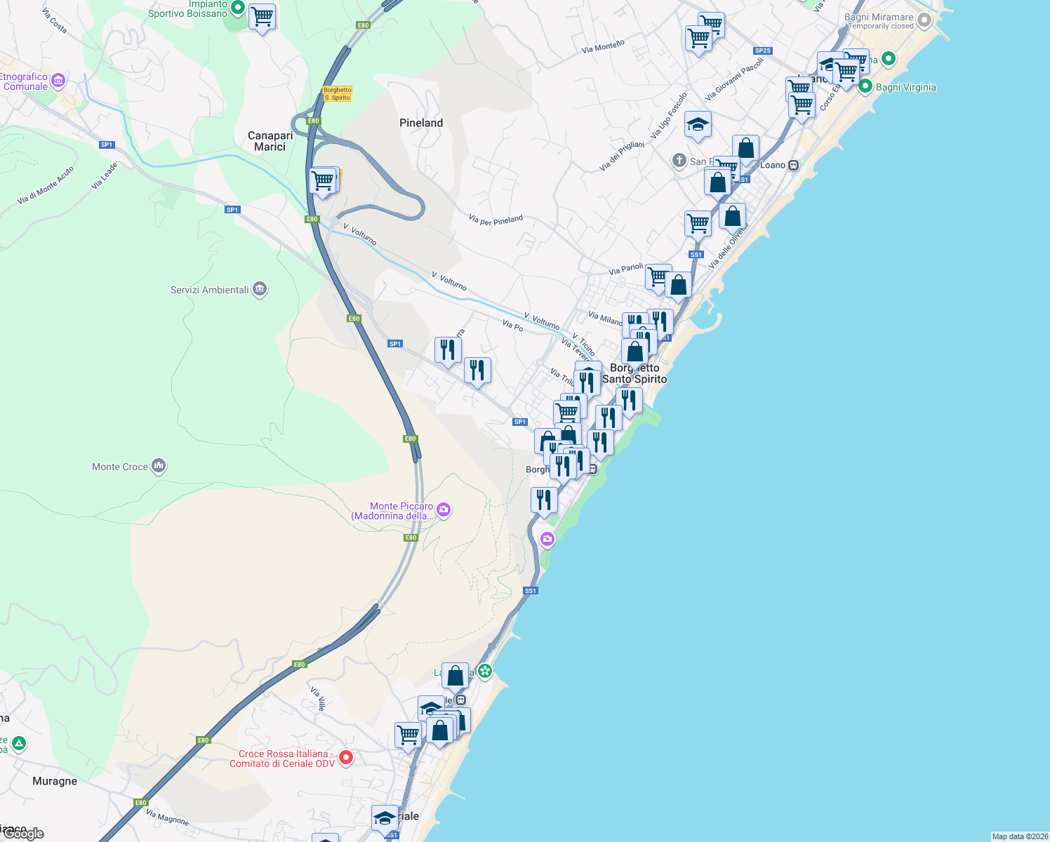 map of restaurants, bars, coffee shops, grocery stores, and more near 1 Via Pr. Alizeri in Provincia di Savona