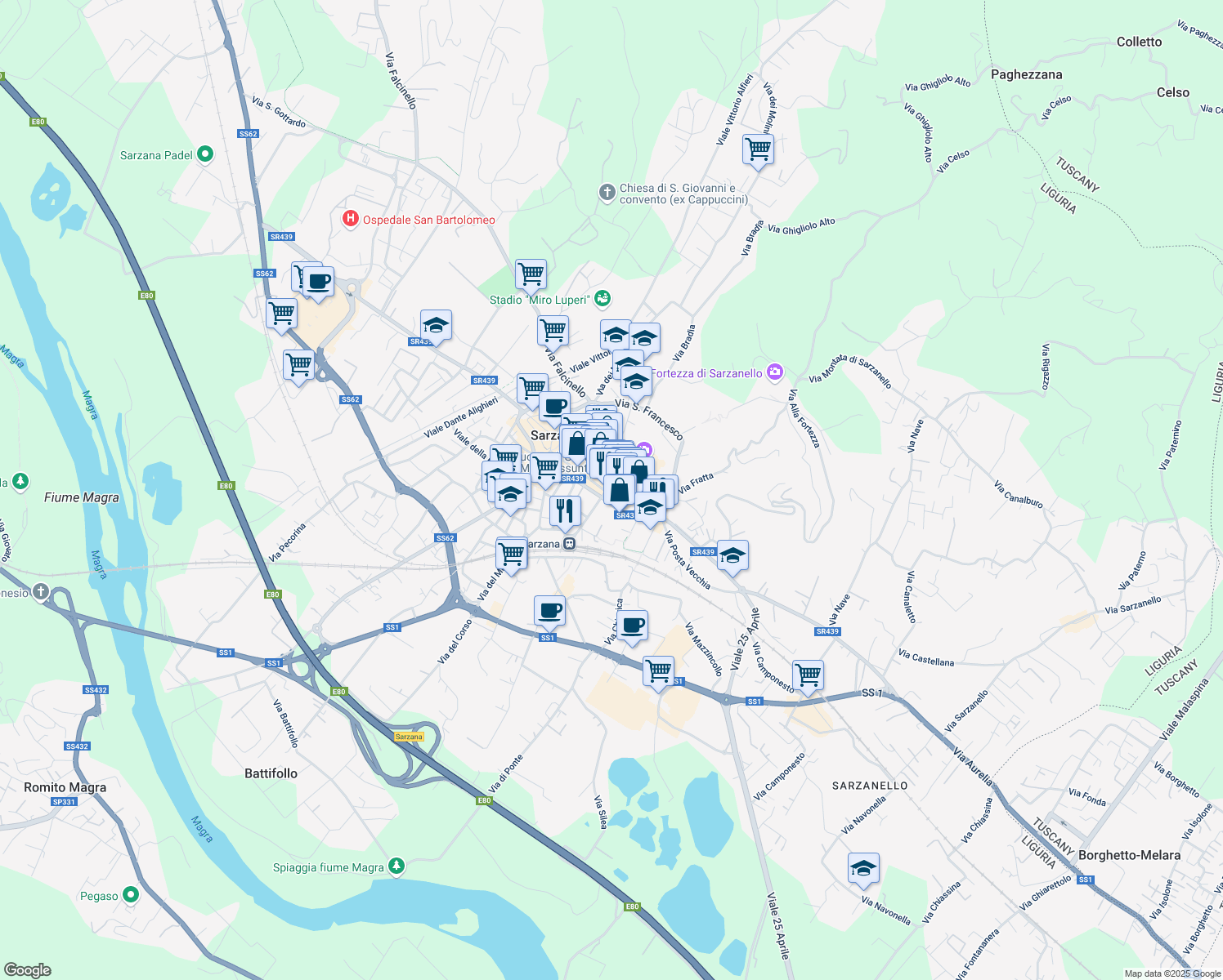 map of restaurants, bars, coffee shops, grocery stores, and more near 10 Via Sotto Gli Uffizi in Sarzana