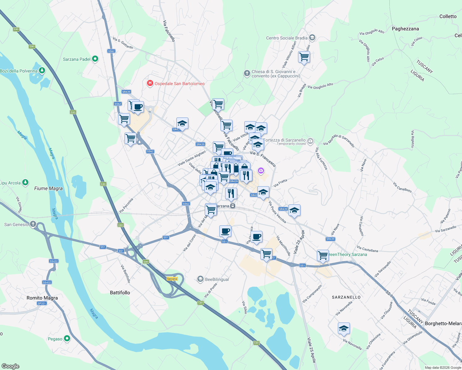 map of restaurants, bars, coffee shops, grocery stores, and more near 16 Via Nilo Garbusi Partigiano Med. d'Argento 1922 - 1944 in Sarzana