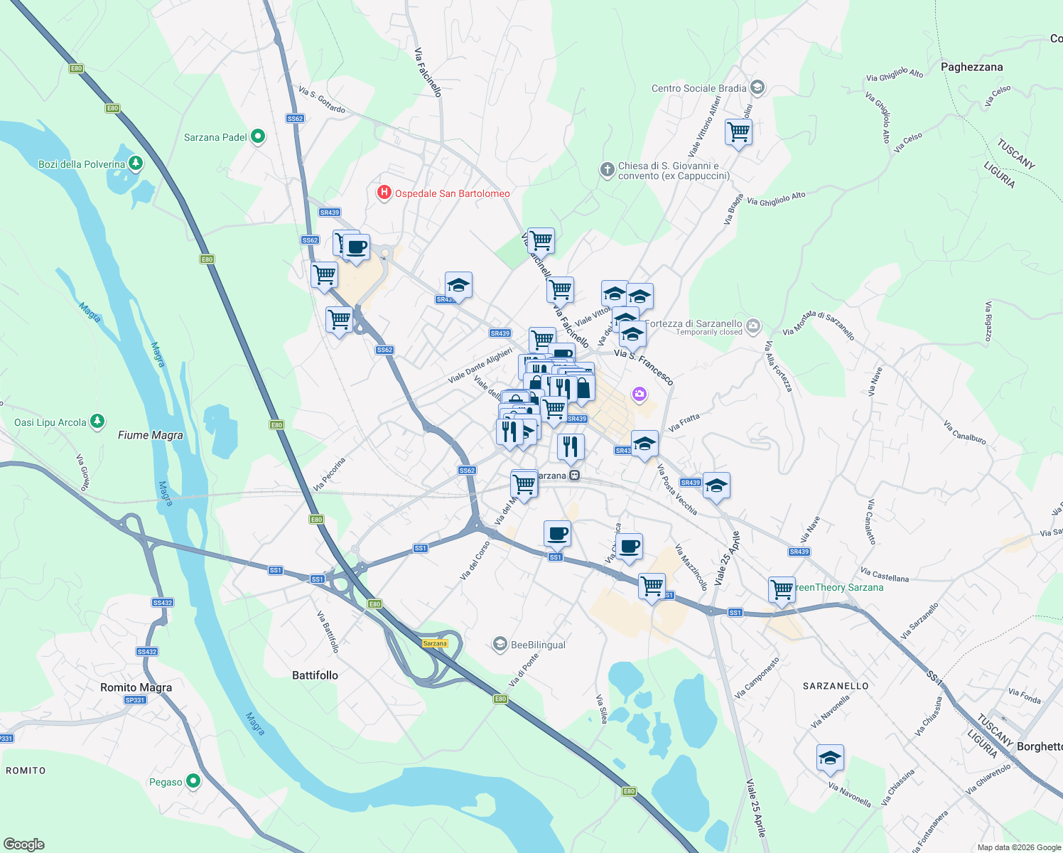 map of restaurants, bars, coffee shops, grocery stores, and more near Via Picedi in Sarzana