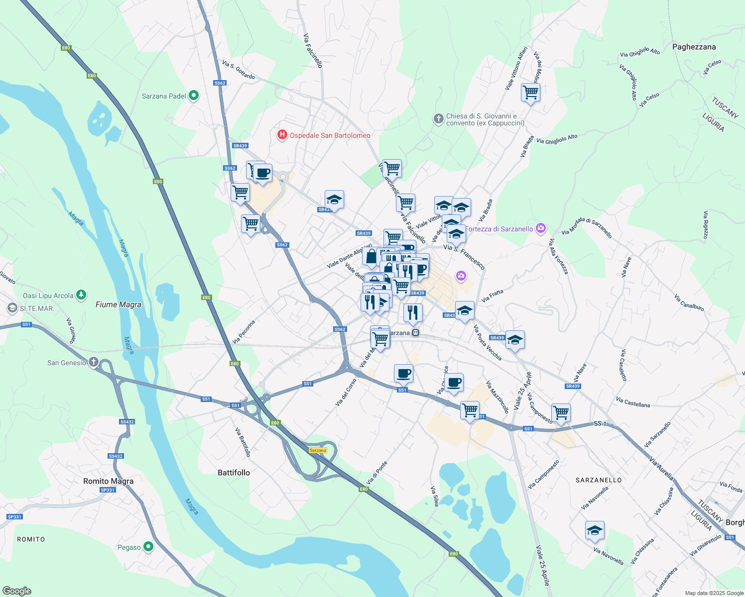 map of restaurants, bars, coffee shops, grocery stores, and more near 37 Via Brigata Partigiana Ugo Muccini in Sarzana