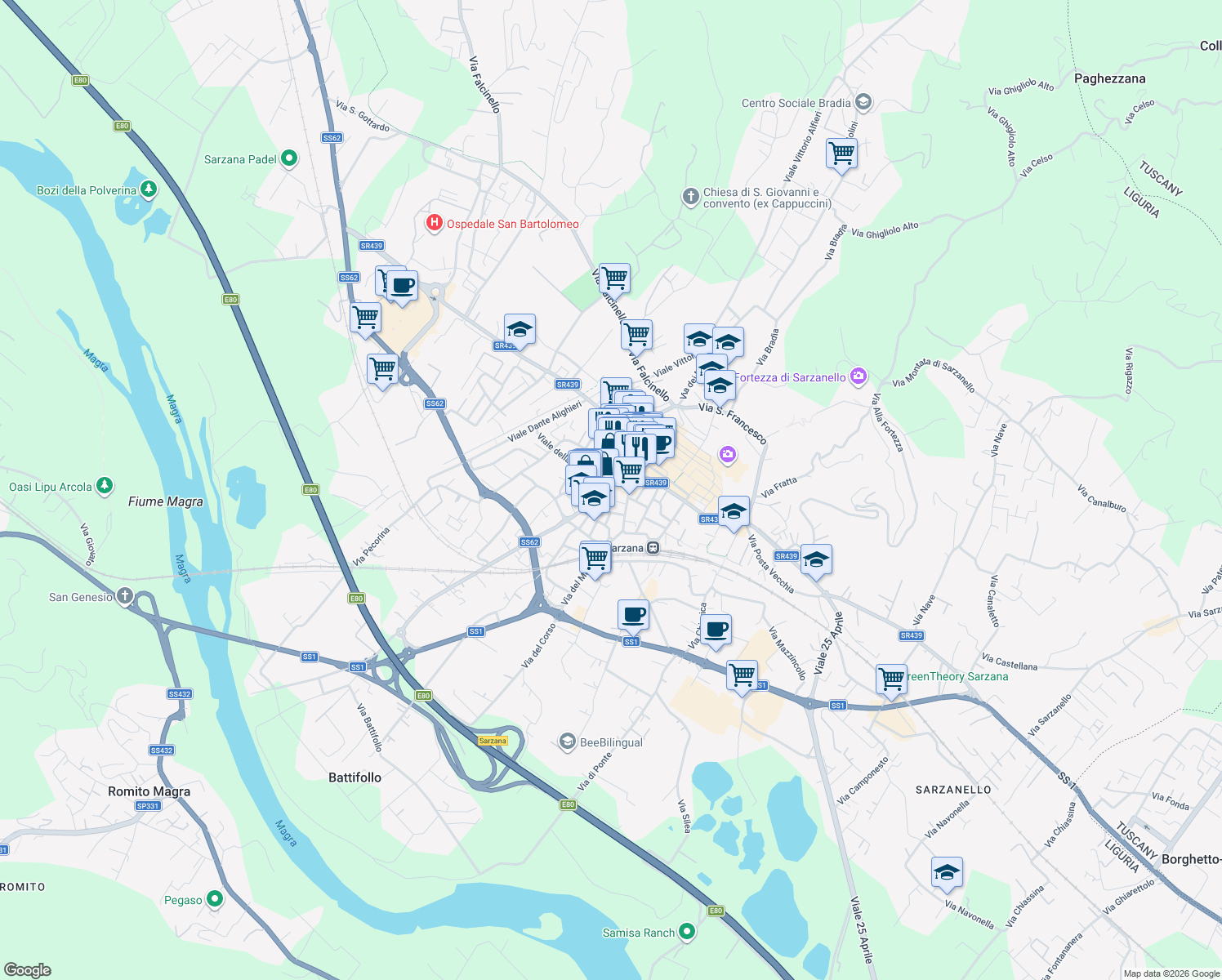 map of restaurants, bars, coffee shops, grocery stores, and more near 24 Piazza San Giorgio in Sarzana