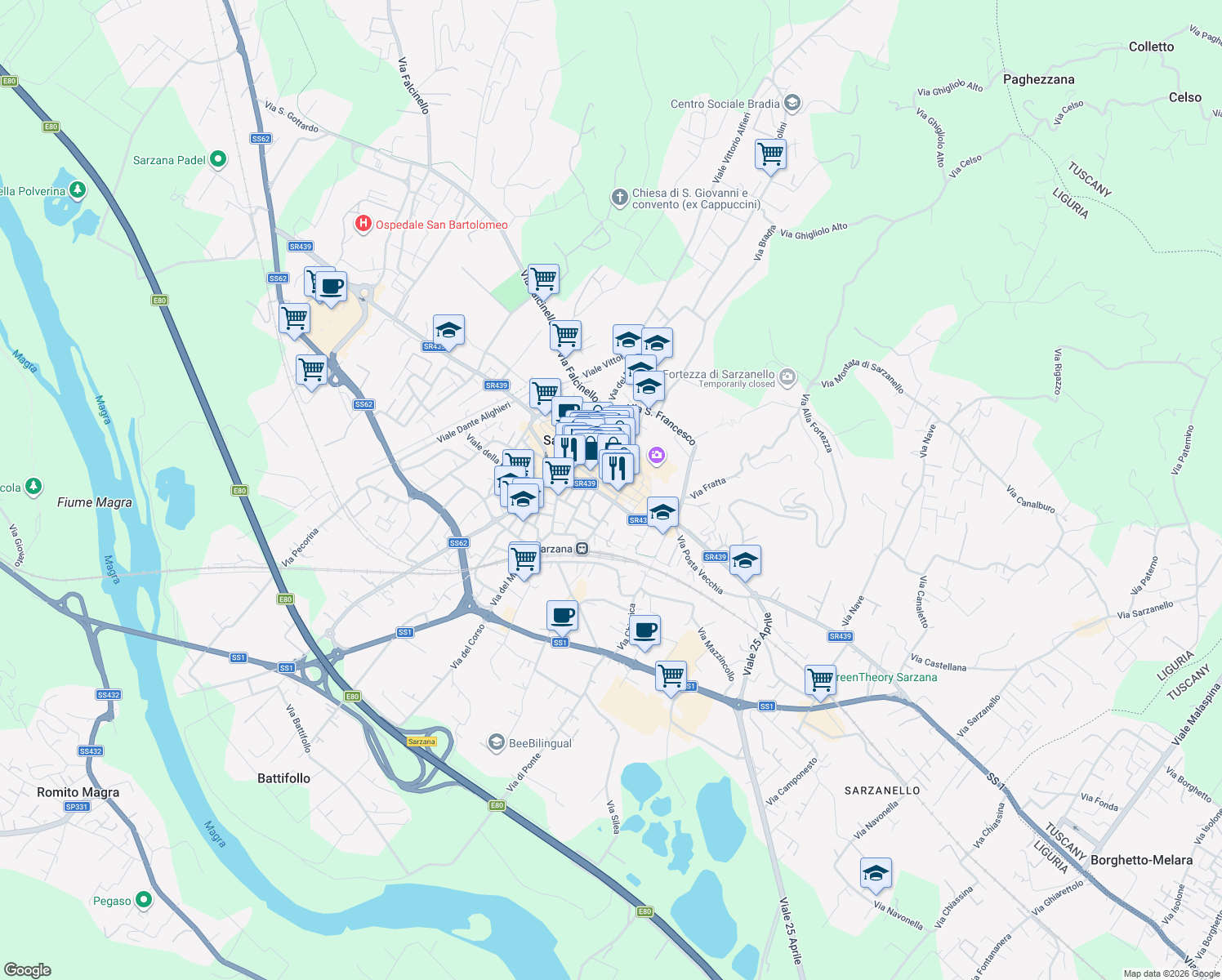 map of restaurants, bars, coffee shops, grocery stores, and more near 55 Via Giuseppe Mazzini in Sarzana