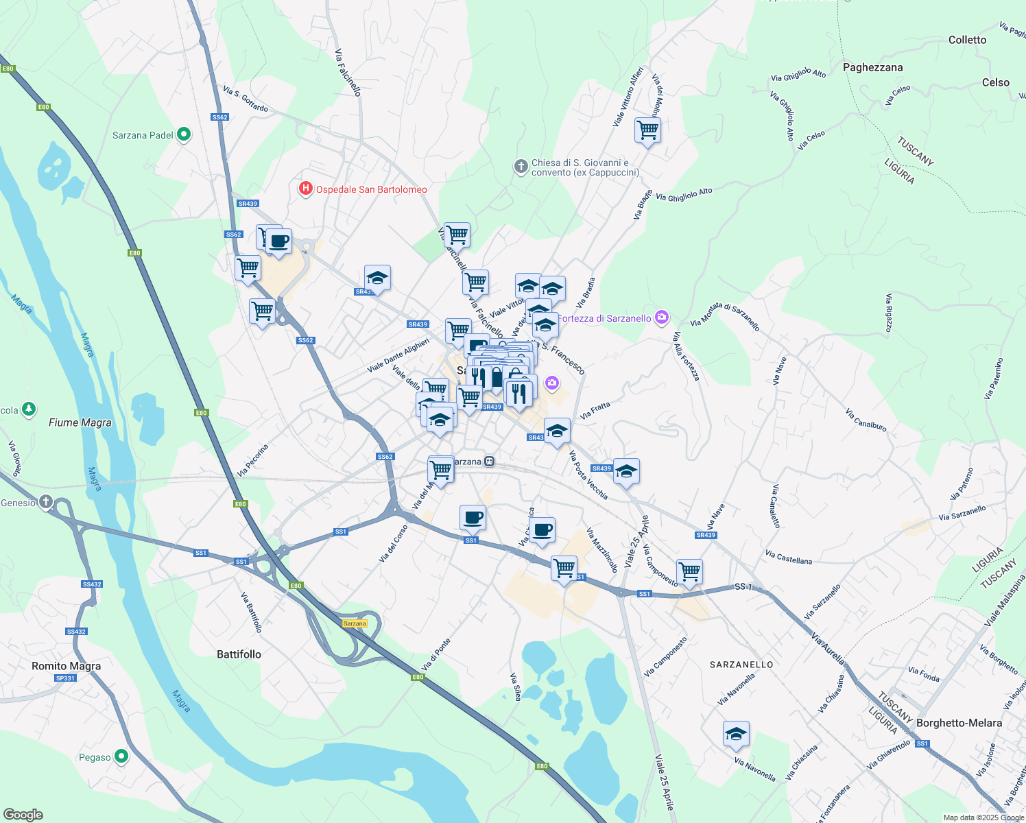 map of restaurants, bars, coffee shops, grocery stores, and more near 55 Via Giuseppe Mazzini in Sarzana