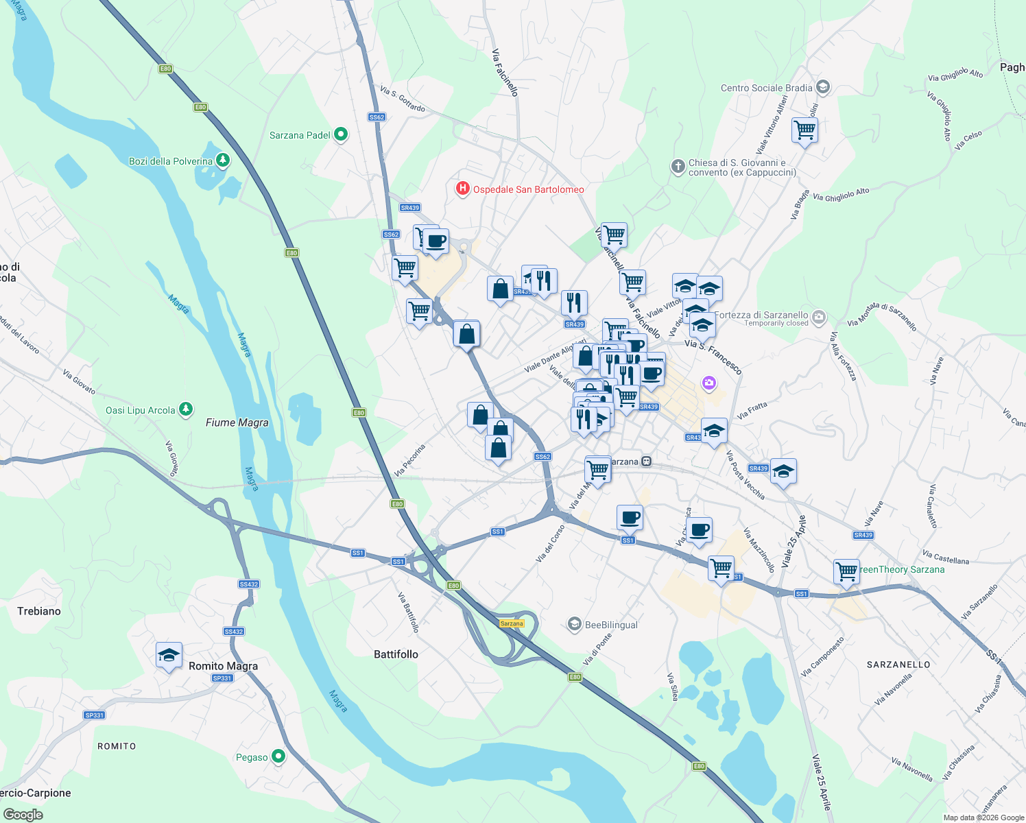 map of restaurants, bars, coffee shops, grocery stores, and more near 6 Piazza Caduti di Via Fani in Sarzana