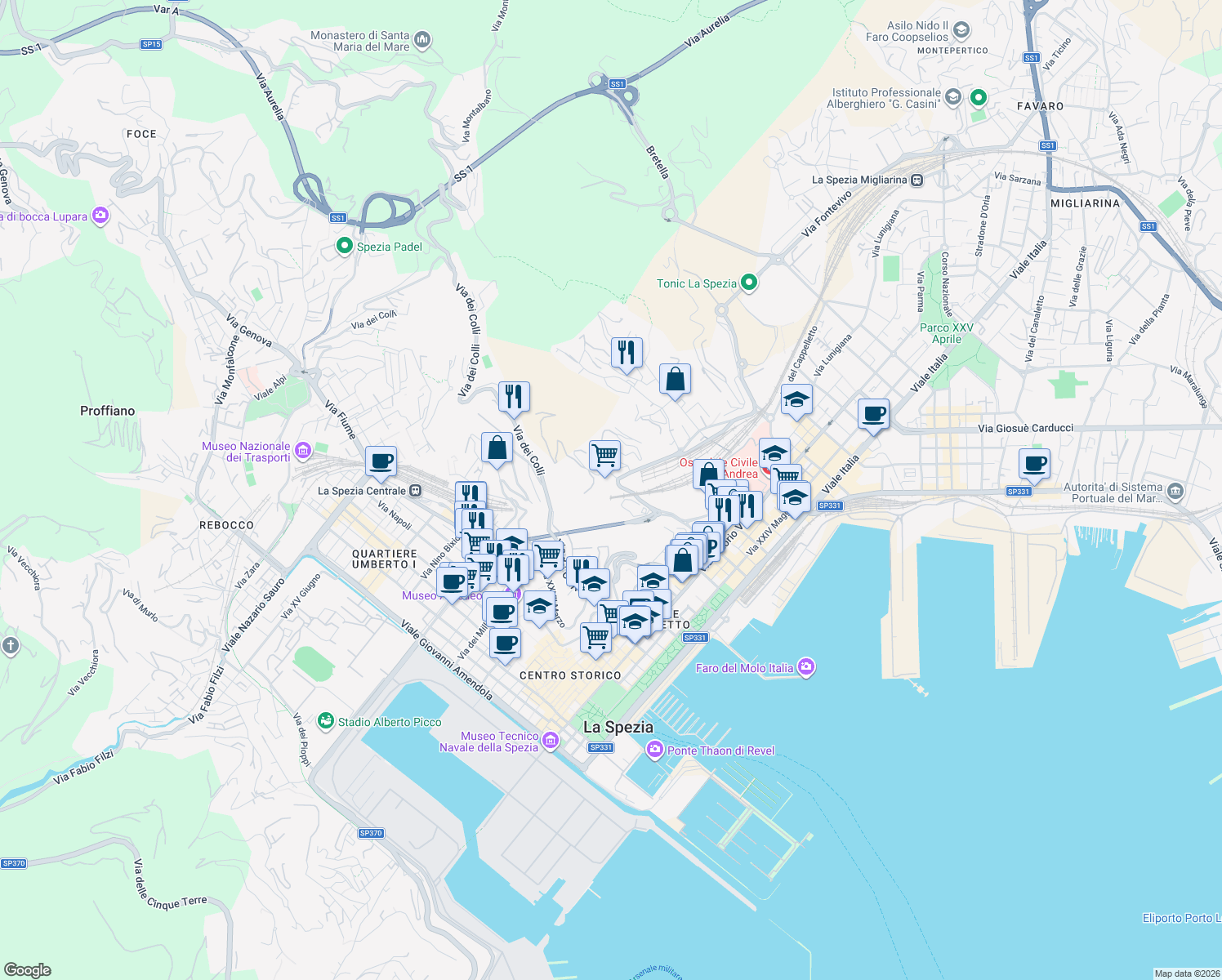 map of restaurants, bars, coffee shops, grocery stores, and more near 13 Via Valdellora in La Spezia