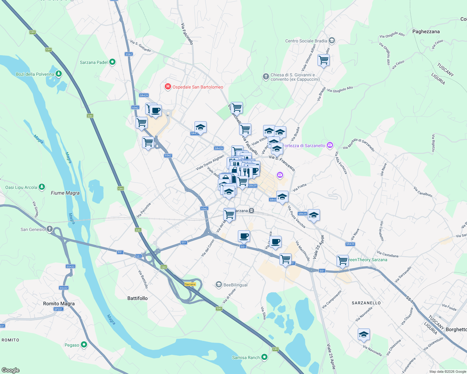 map of restaurants, bars, coffee shops, grocery stores, and more near 24 Piazza San Giorgio in Sarzana