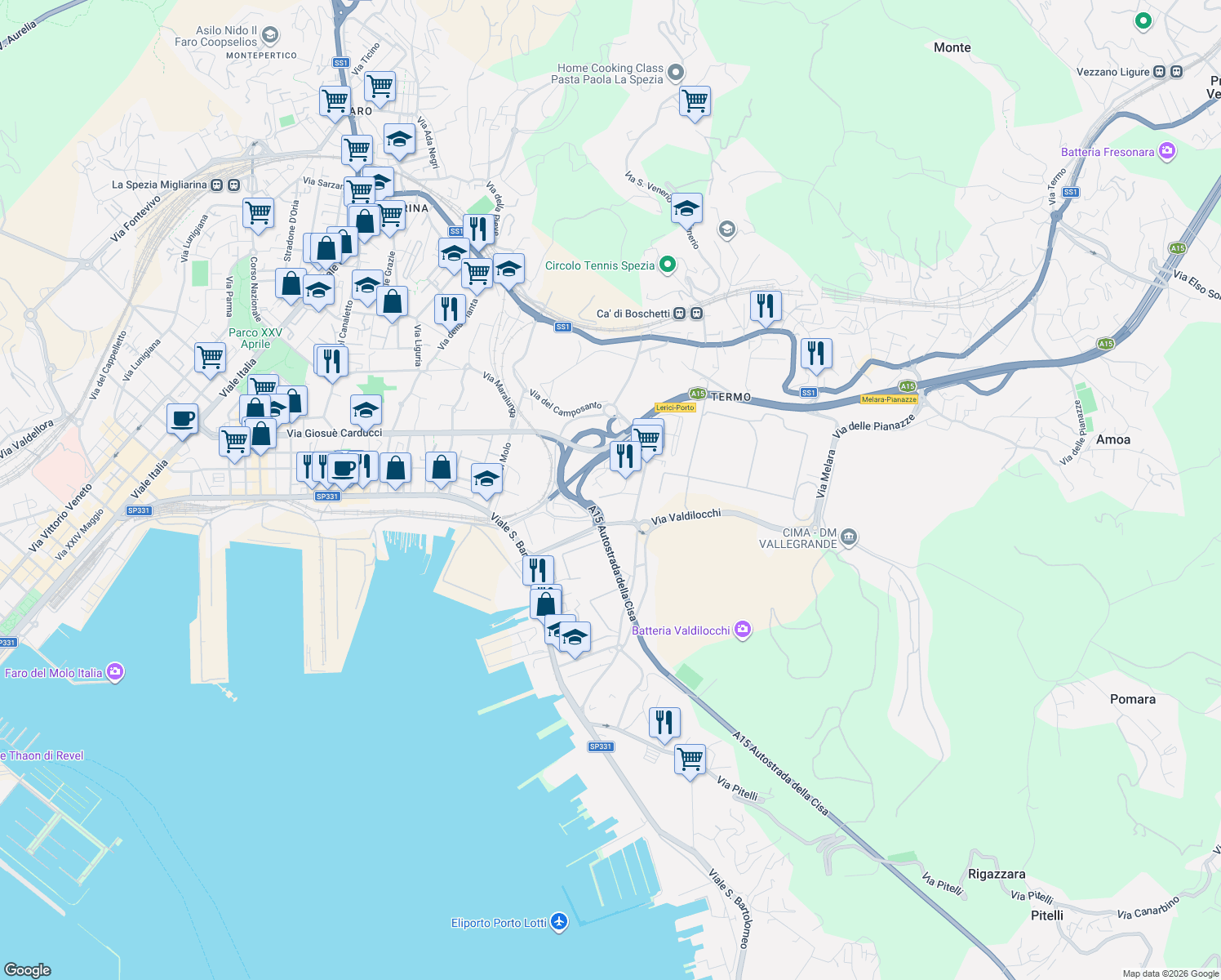 map of restaurants, bars, coffee shops, grocery stores, and more near 64 Via degli Stagnoni in La Spezia
