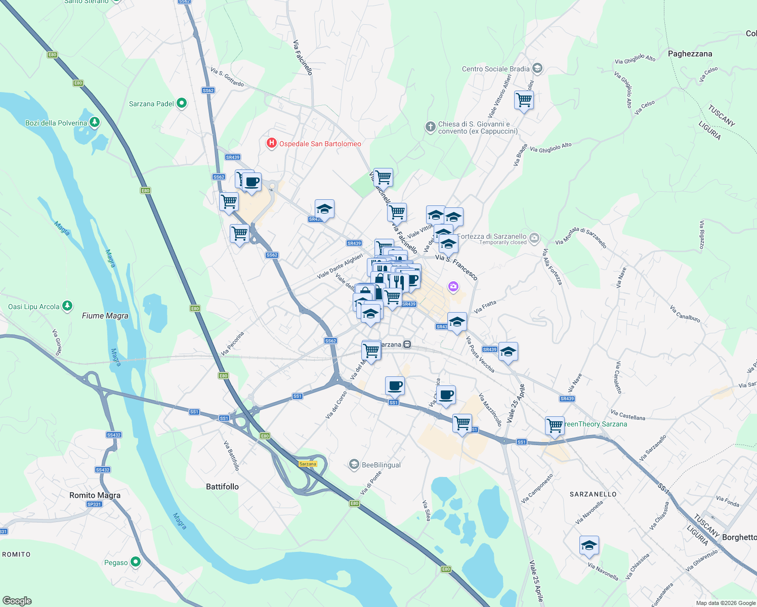 map of restaurants, bars, coffee shops, grocery stores, and more near 32 Via Pietro Gori in Sarzana