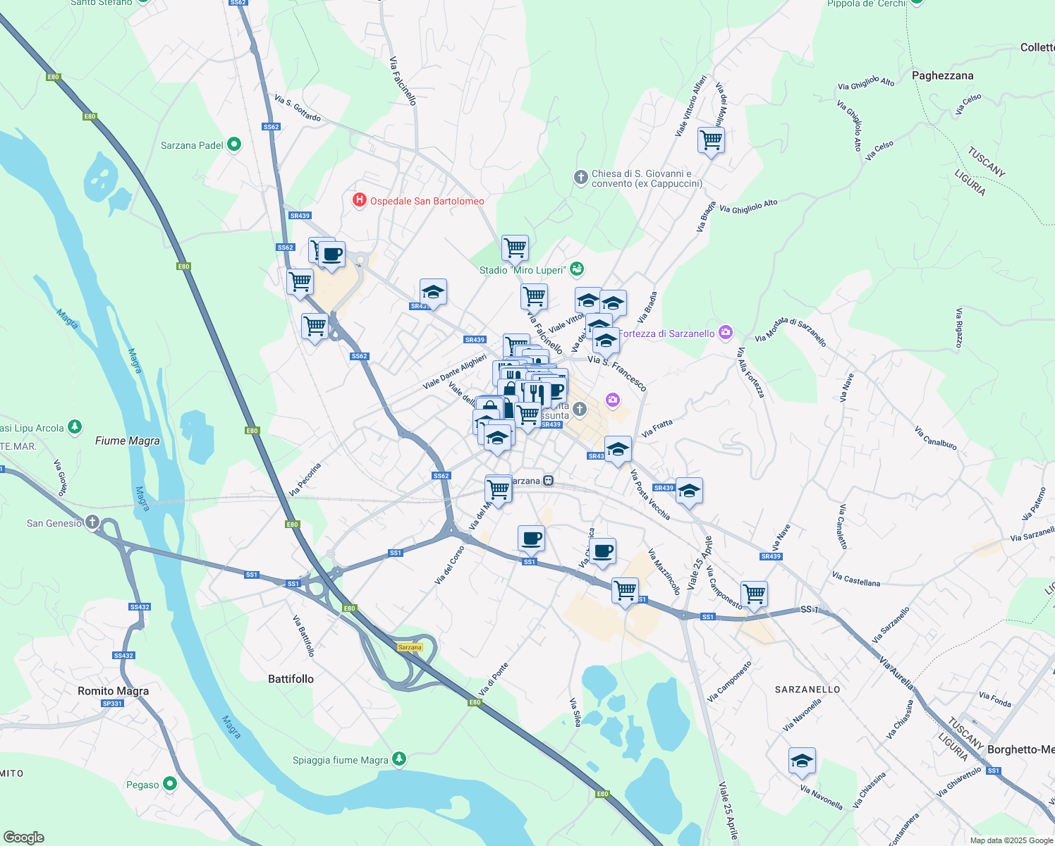 map of restaurants, bars, coffee shops, grocery stores, and more near 32 Via Pietro Gori in Sarzana