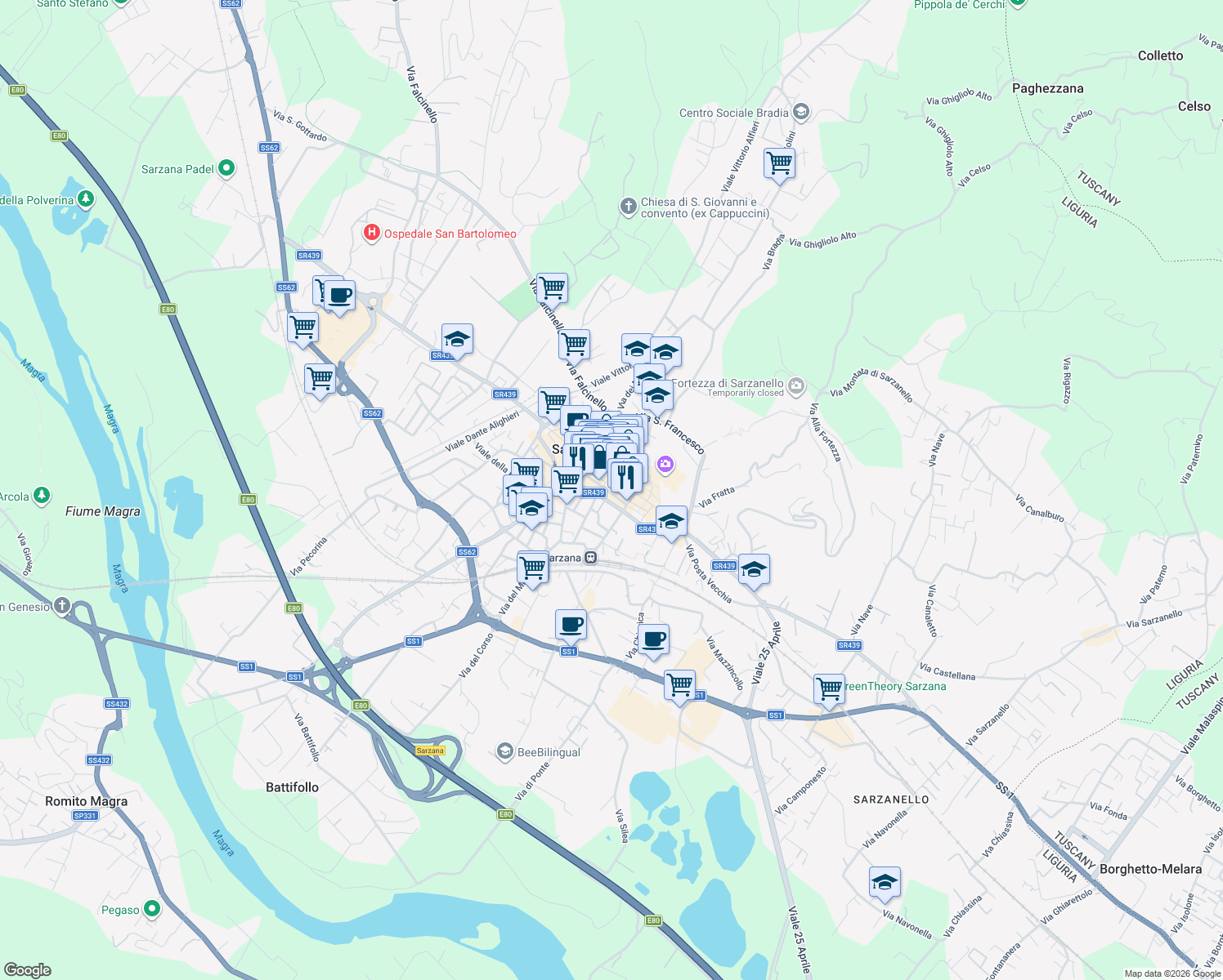 map of restaurants, bars, coffee shops, grocery stores, and more near 55 Via Giuseppe Mazzini in Sarzana